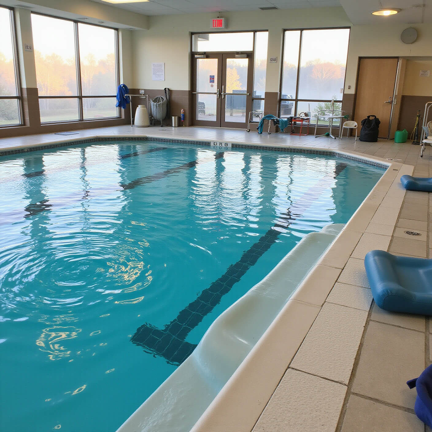 Indoor pool at sunrise with rippling aqua water, swimming aids along the edge, and a stretching area with yoga props and exercise equipment.