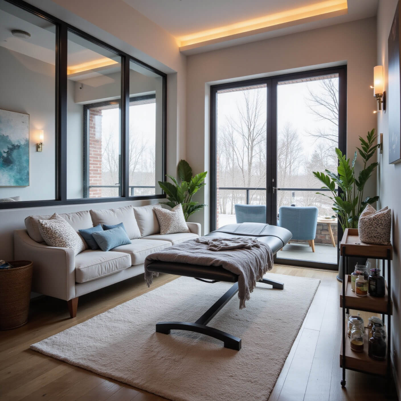 Contemporary living room winter wellness corner with weighted blankets, infrared heating pads, snowy window view, indoor plants, therapeutic tea cart, and guided meditation tablet.