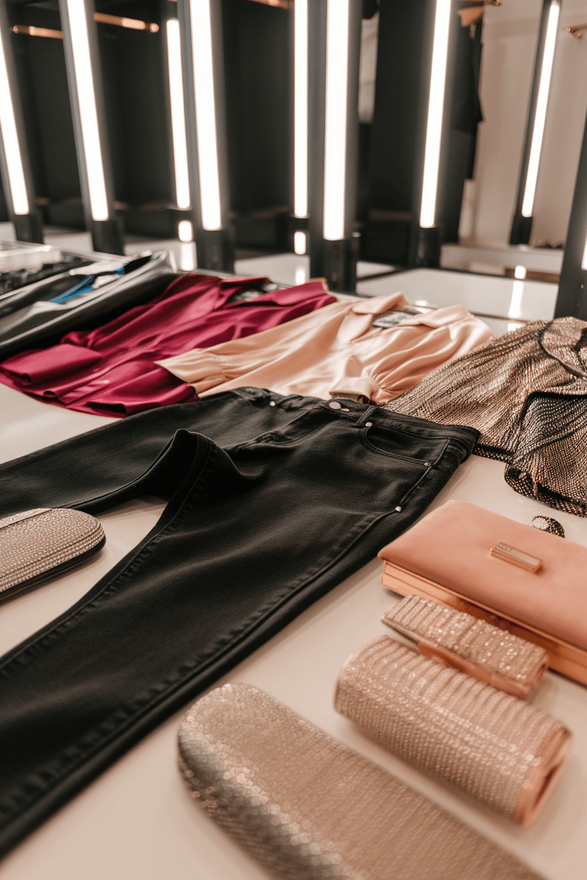 Close-up of black skinny jeans styled with jewel-toned silk blouses, a cropped leather jacket, and a metallic evening top, surrounded by crystal-embellished heels and clutches in a modern boutique dressing room with sleek black fixtures and warm champagne lighting.