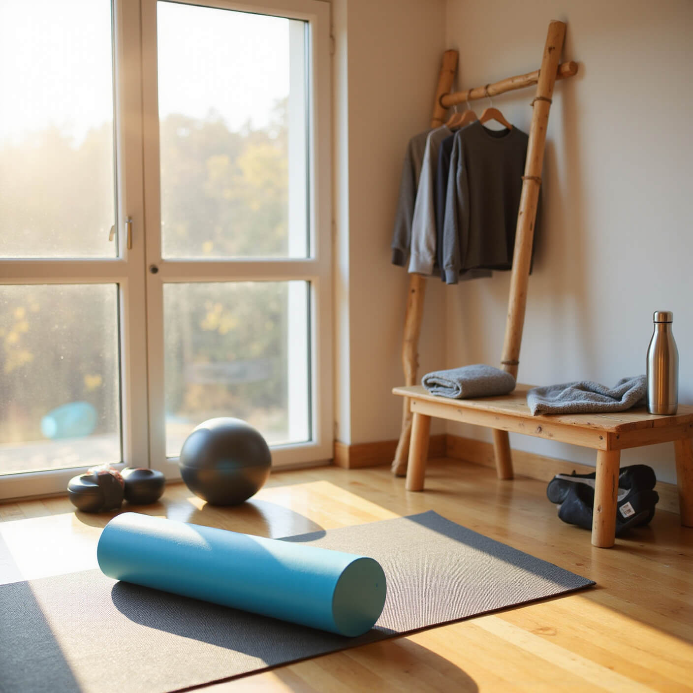 Sunlit home gym with blue foam roller on grey yoga mat, massage tools nearby, athletic wear on wooden rack, and bamboo bench with water bottle and towel, captured at golden hour.