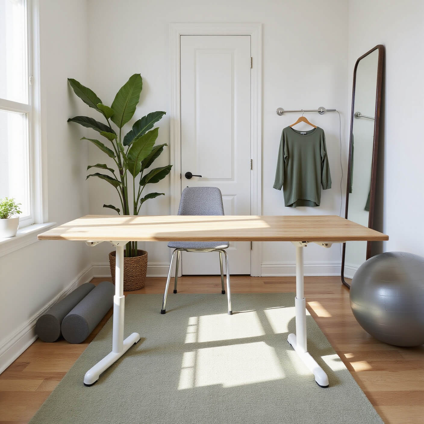 Modern ergonomic home office with standing desk, anti-fatigue mat, foam roller station, large philodendron, floor mirror, exercise ball with workout clothes, and neutral décor with sage green accents.