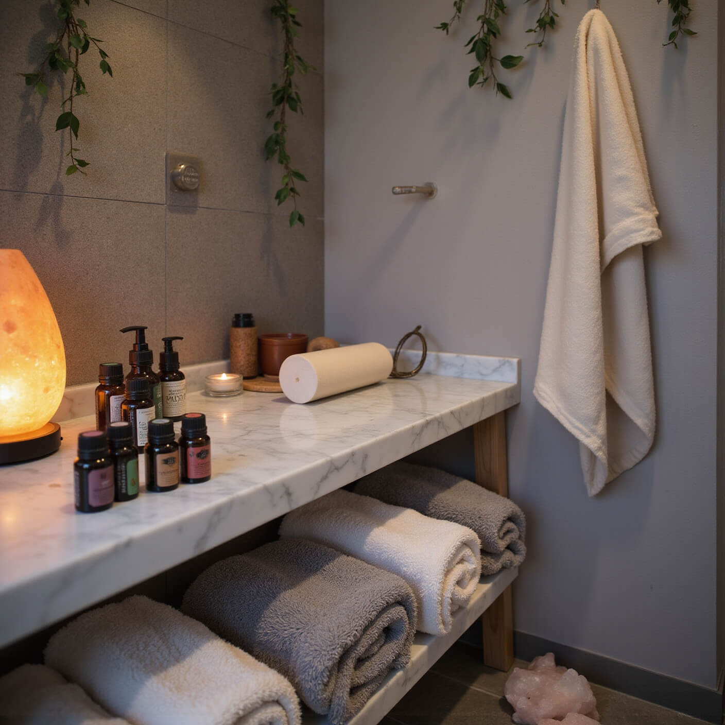 Spa-like bathroom corner at dusk with marble counter displaying foam roller, essential oils, and recovery tools; eucalyptus branches in rainfall shower; plush Turkish towels; Himalayan salt lamp glowing; textured stone floor with yoga props, viewed from above at a 30-degree angle.