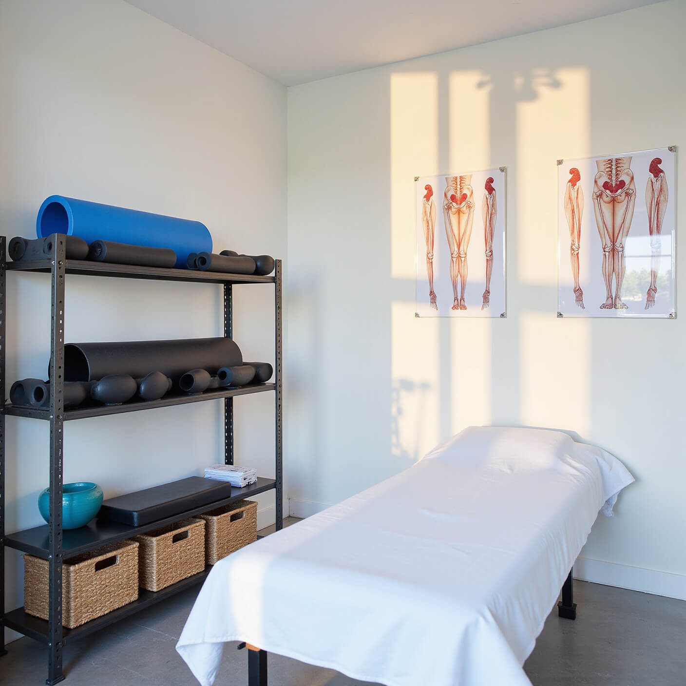 Professional physical therapy room with foam rollers on shelves, hip anatomy posters, treatment table with white linens, recovery tools in baskets, and calming blue accents in morning light.