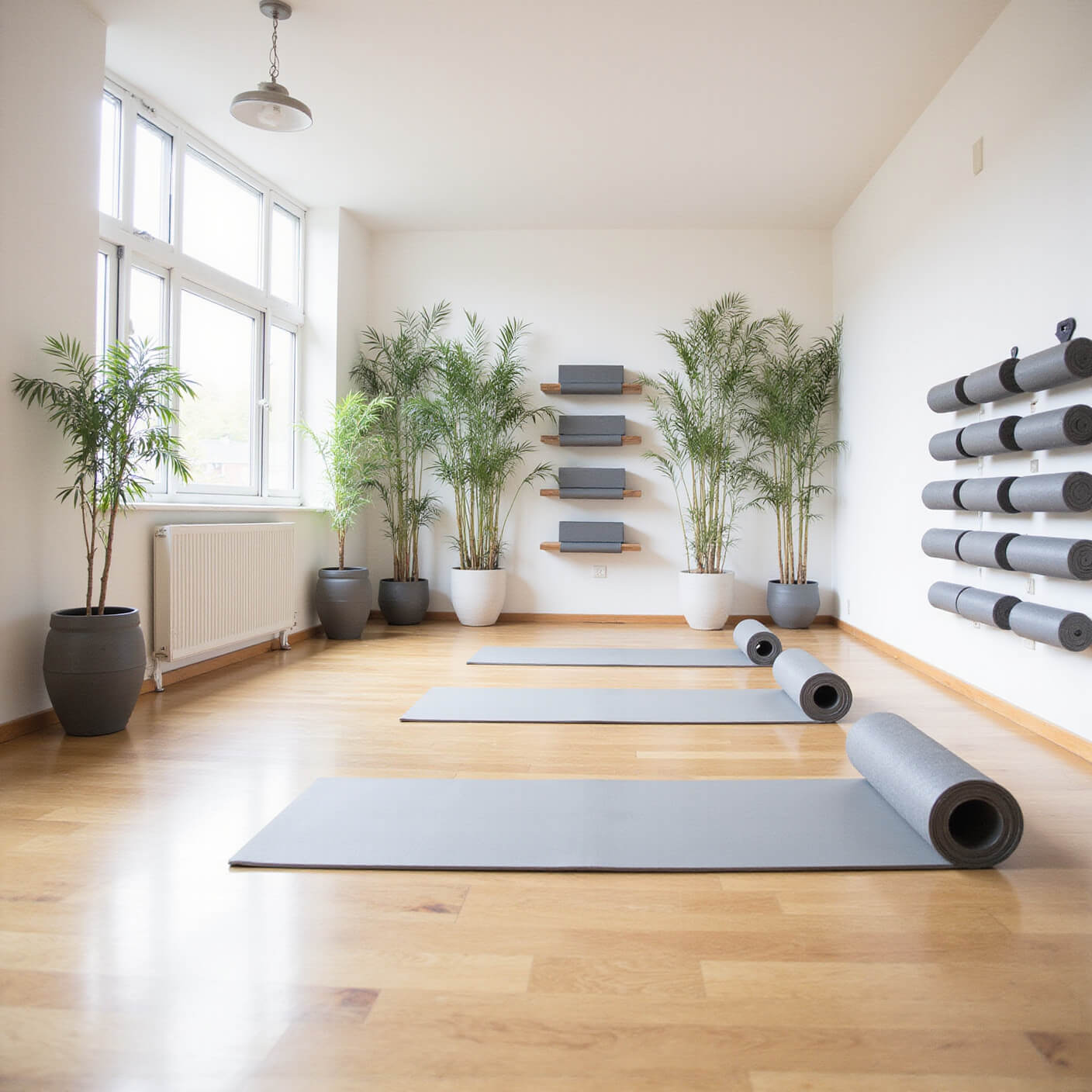 Bright, spacious yoga studio with light oak floors, white walls, floor-to-ceiling mirrors, organized grey-toned equipment, potted bamboo plants, and large windows letting in abundant natural light.