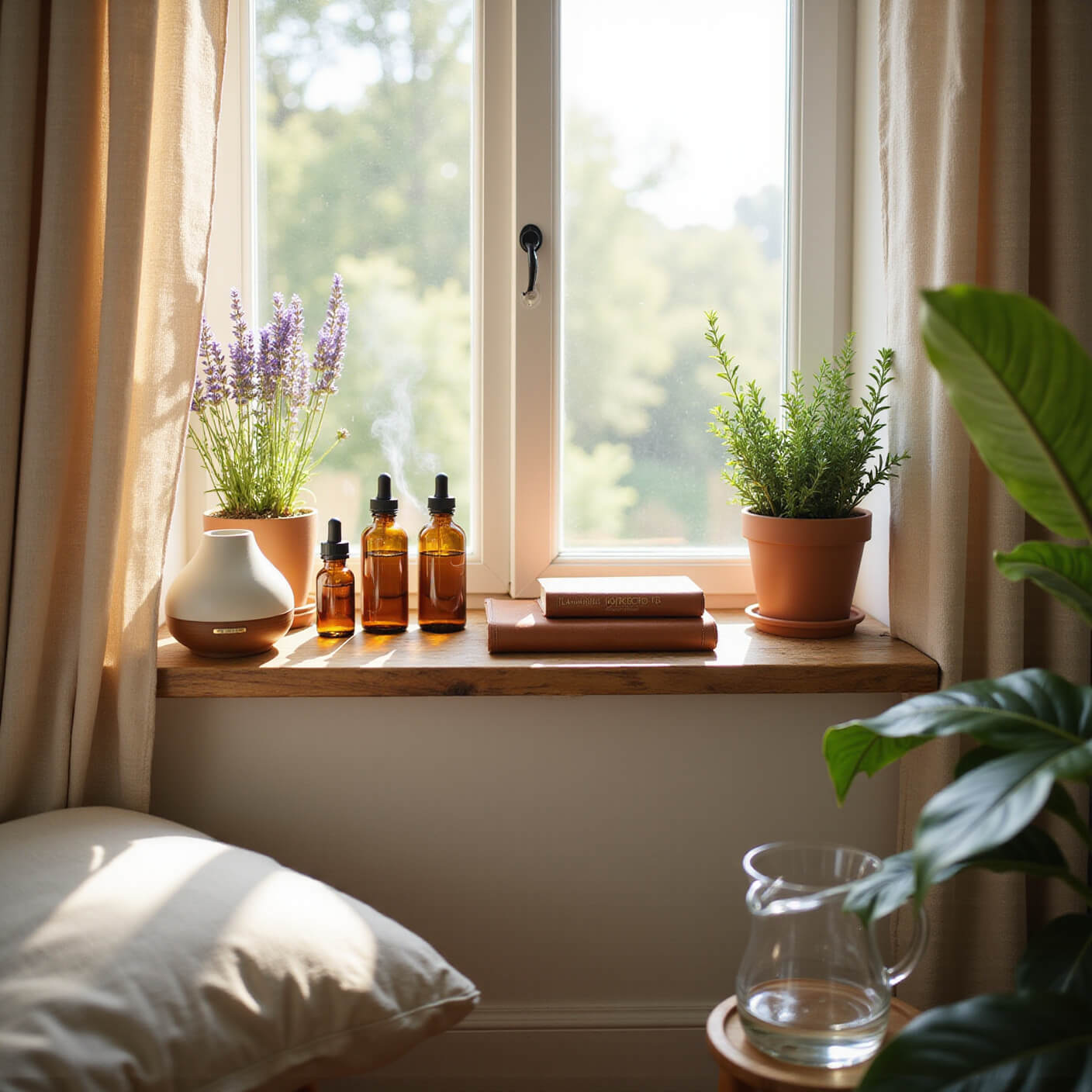 Bright, sunlit wellness corner with CBD oils on a reclaimed wood shelf, essential oil diffuser, journal, plants, and meditation cushion, captured in soft-focus DSLR quality.