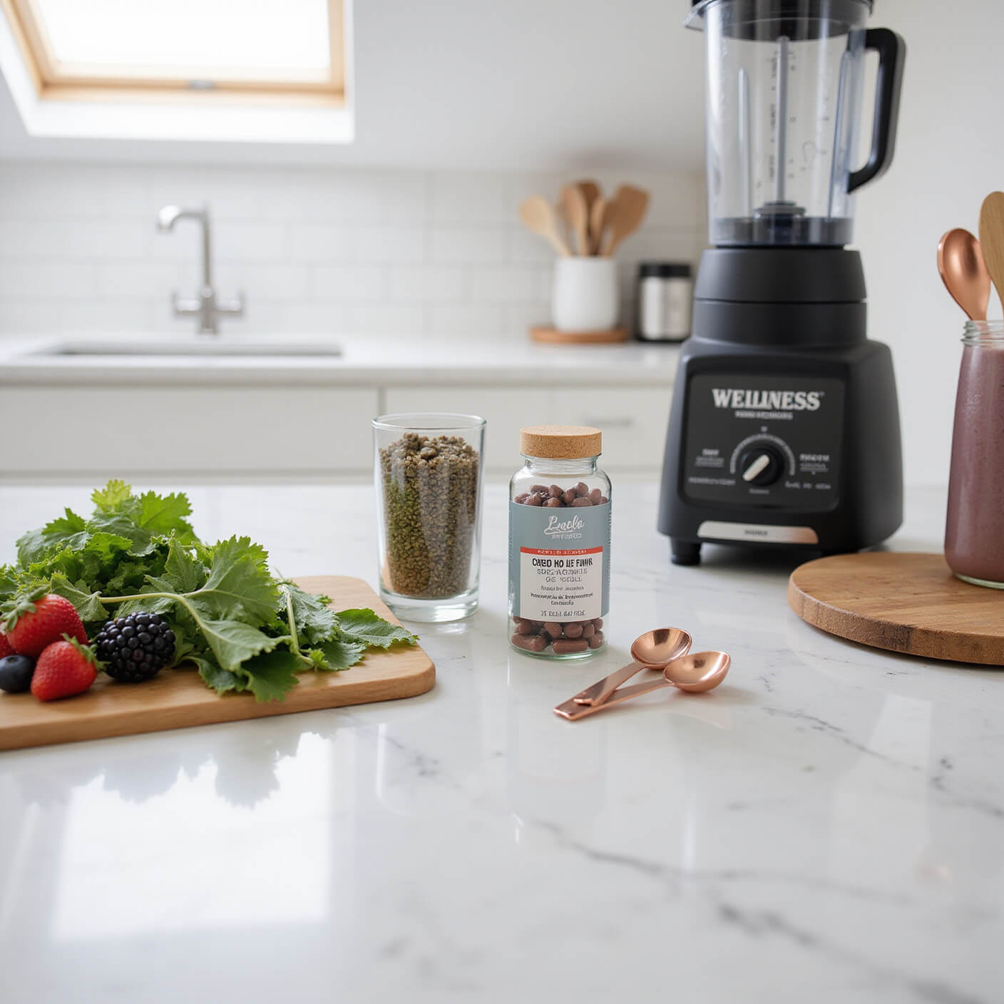 Modern kitchen countertop with CBD capsules in a glass jar, fresh smoothie ingredients, matte black blender, and rose gold measuring spoons under bright natural light.
