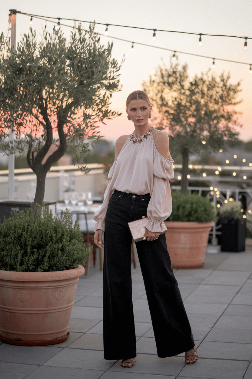 Model at sunset rooftop garden party wearing black wide-leg jeans, blush pink off-shoulder silk blouse, vintage jewelry, with string lights, potted olive trees, rose gold clutch, and strappy sandals, dreamy bokeh background.
