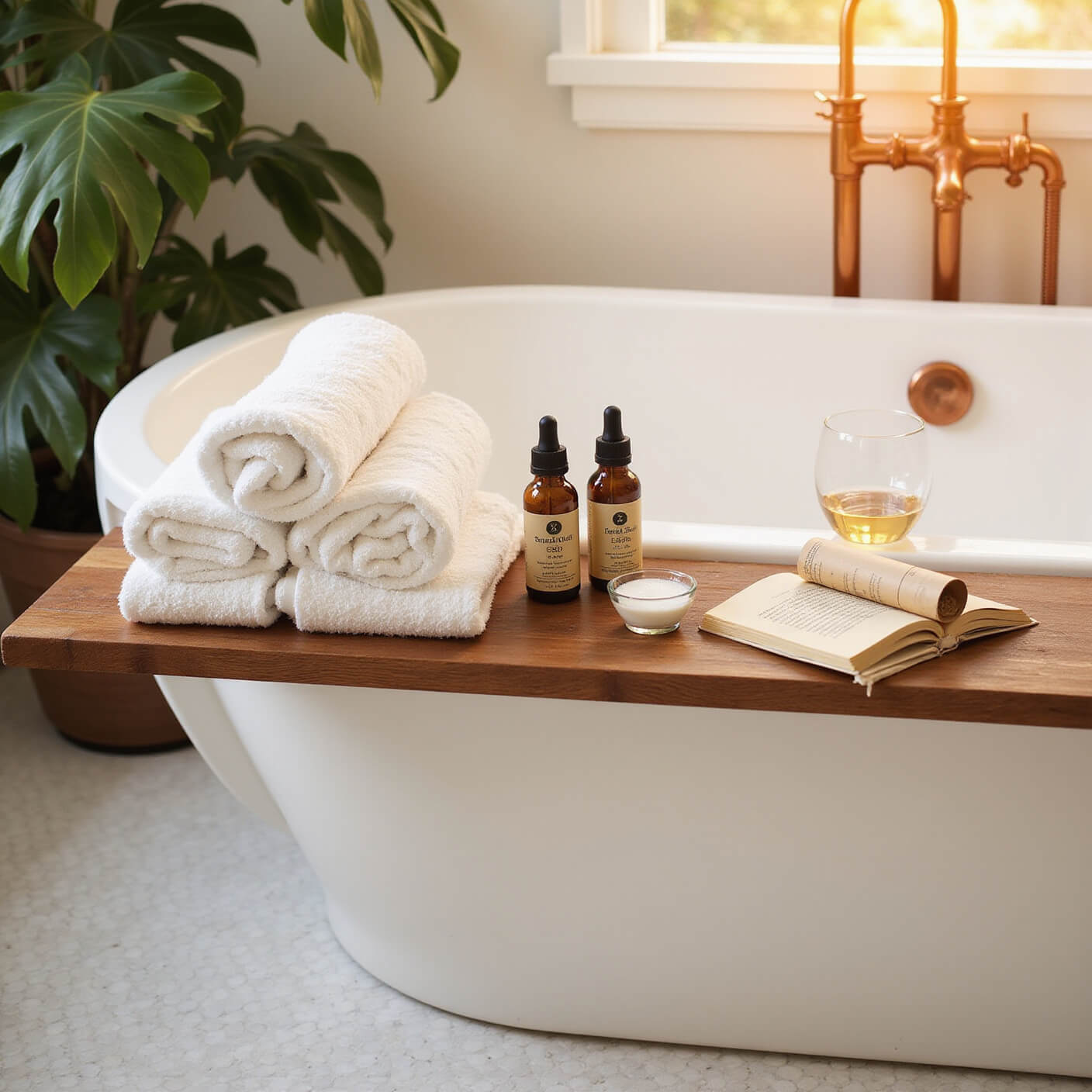 Luxurious golden hour bathroom with freestanding tub, CBD bath products, teak caddy, plush towels, monstera plant, copper fixtures, wine glass, and open book amidst steamy ambiance.