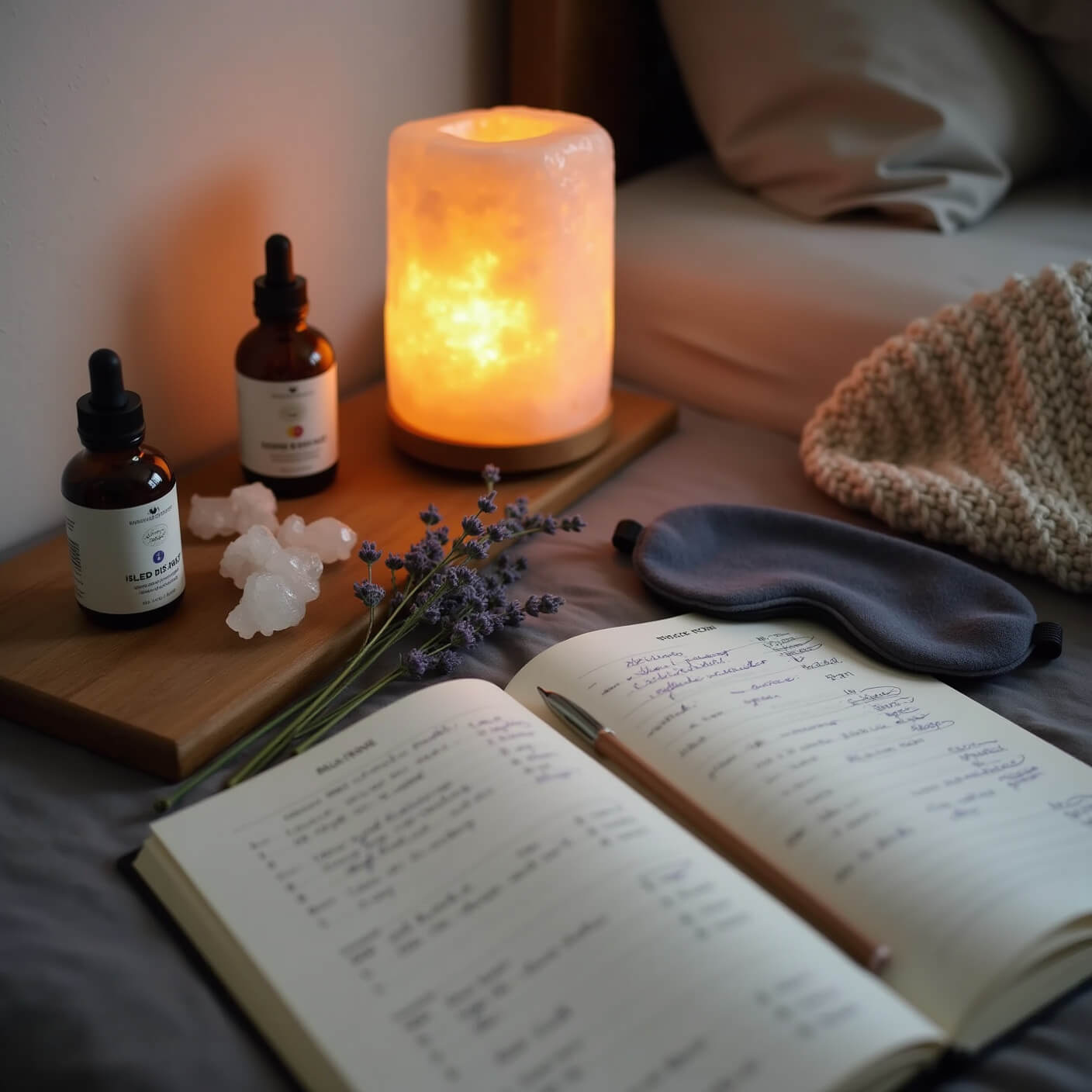 Cozy bedroom corner with Himalayan salt lamp glowing on nightstand beside CBD sleep tincture, organic sheets, chunky knit throw, dried lavender, crystal clusters, sleep mask, and open wellness journal under soft, moody lighting.