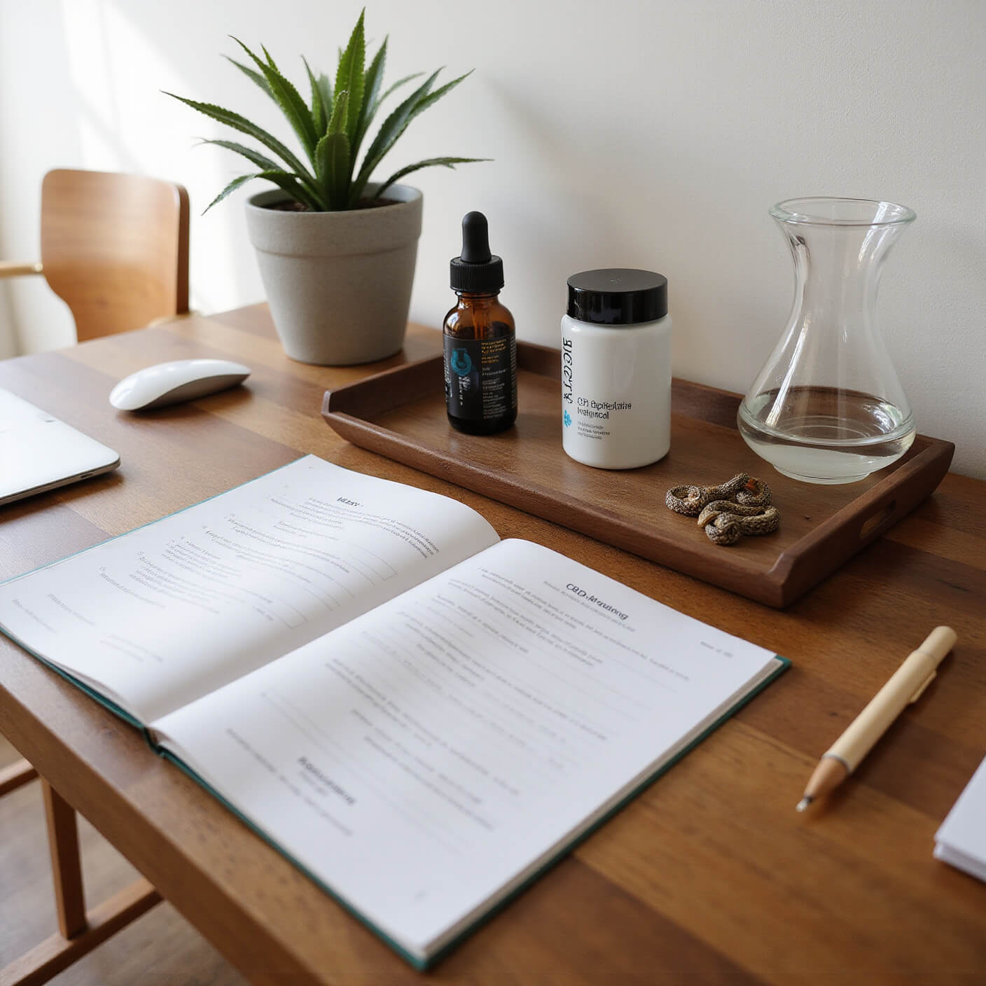 Mid-century modern workspace with walnut desk featuring CBD oil dispenser, water carafe, dosage tracker, ergonomic chair, laptop, snake plant, and afternoon sunlight.