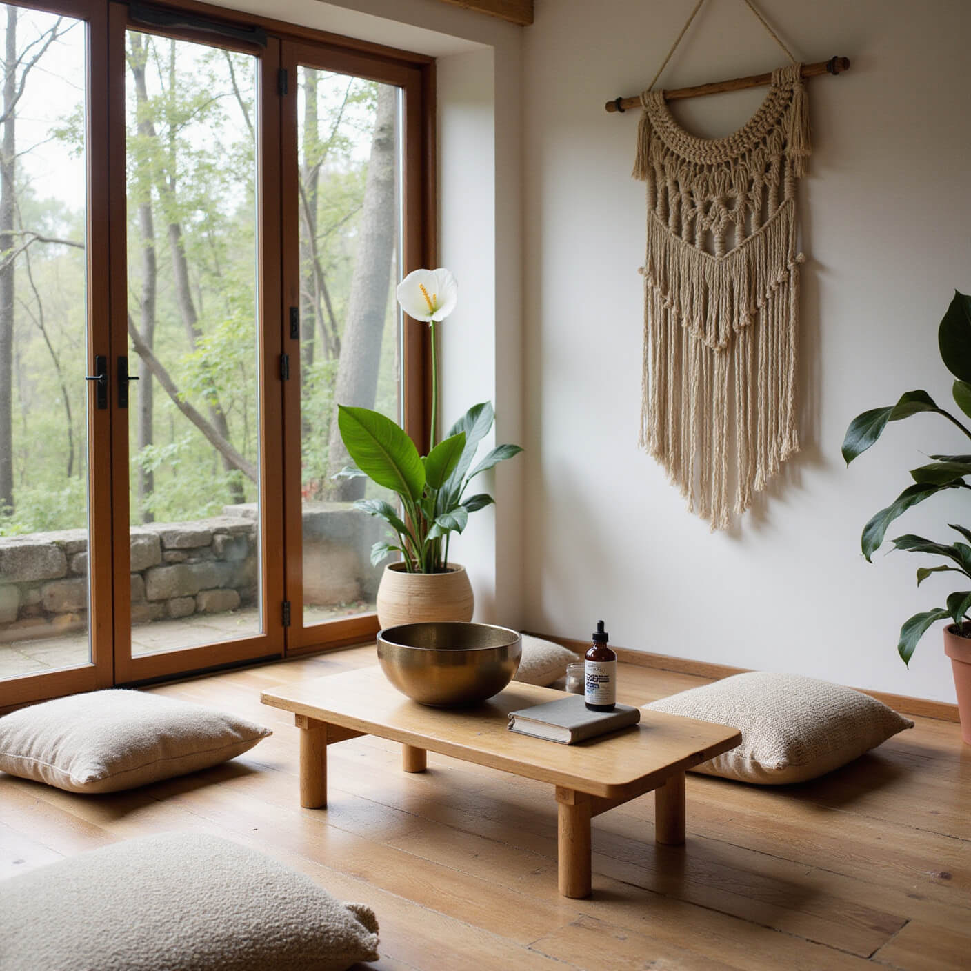 Nature-inspired meditation space with bamboo table displaying CBD tinctures, singing bowl, and mindfulness journal, surrounded by raw silk and wool floor cushions, macramé wall hanging, potted peace lily, and forest view through large windows in soft morning light.