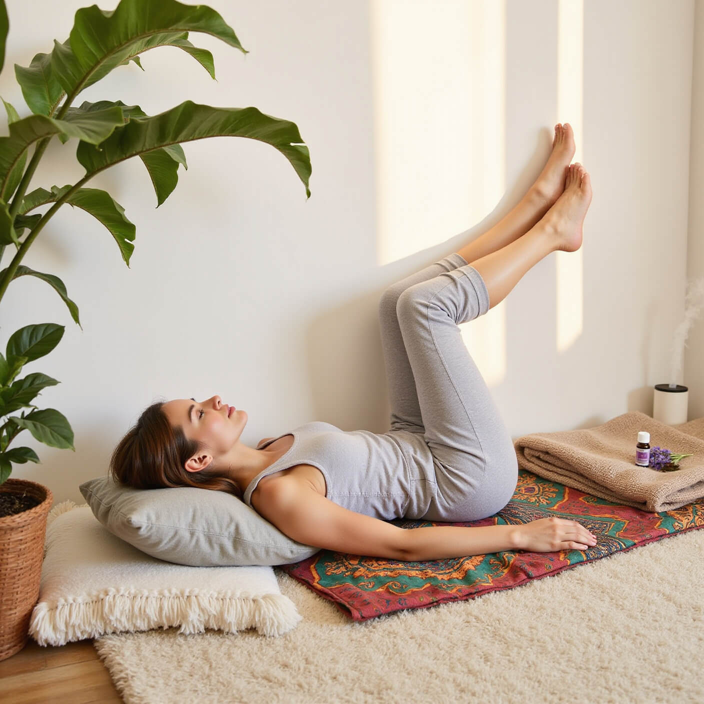 Person practicing Legs-Up-the-Wall pose at golden hour in cozy bedroom, wearing grey loungewear, with bolster, blanket, essential oil diffuser, and houseplants around.
