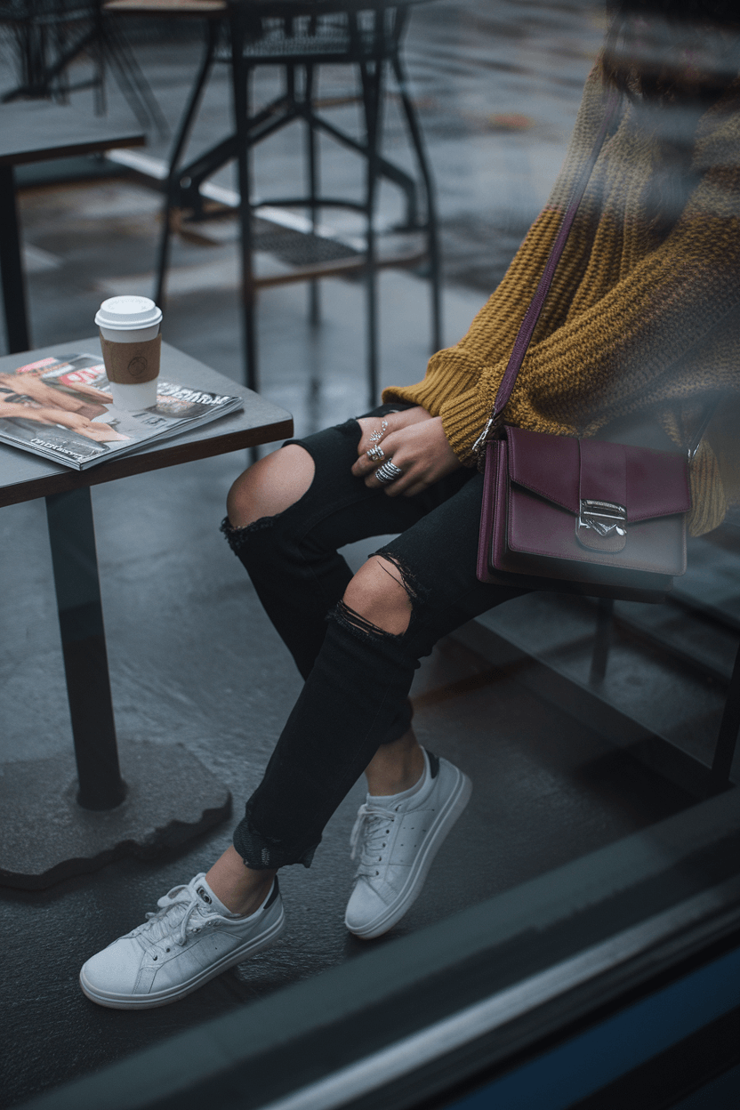 Street-level view through steamy window of an industrial-chic coffee shop; person in black distressed jeans, chunky mustard yellow sweater, and white sneakers with a burgundy crossbody bag, wearing stacked silver rings; coffee cup and fashion magazine on table; rainy morning ambiance.