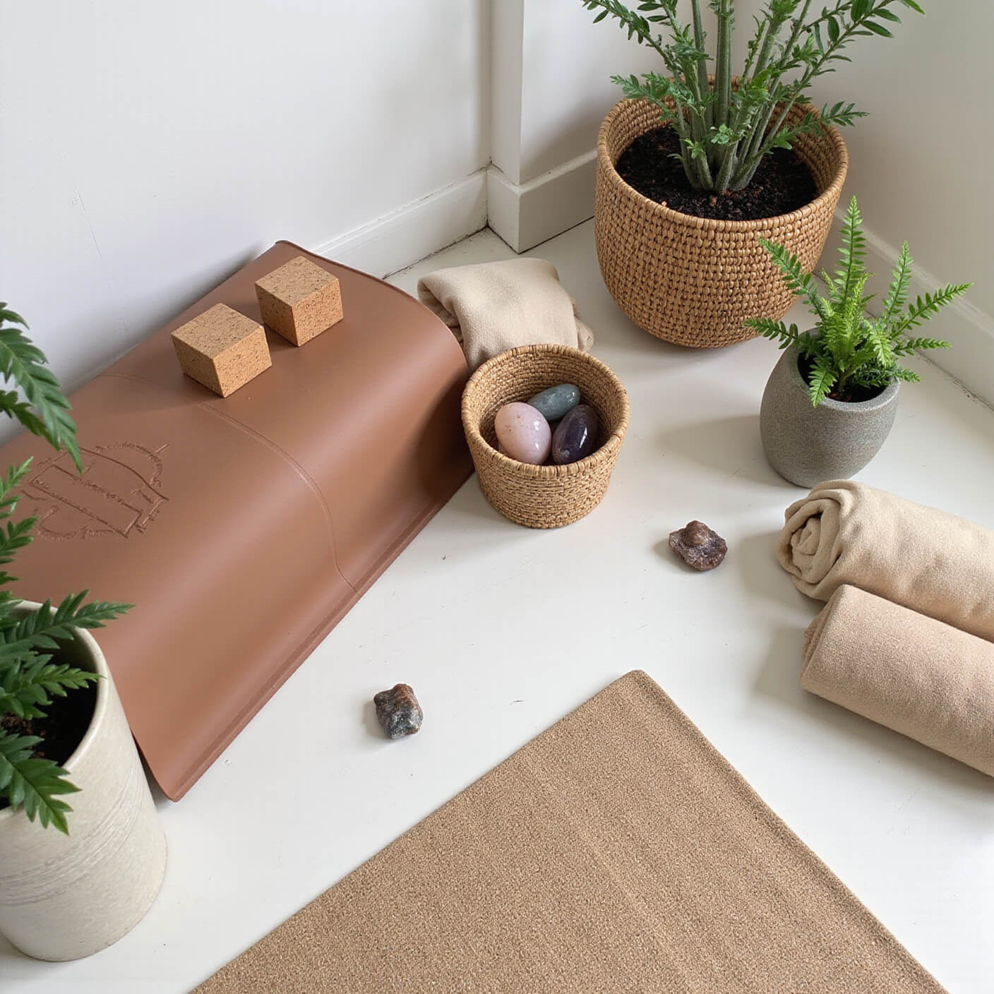 Modern home studio corner with yoga mat, cork blocks, cotton straps, bolster, rattan basket of blankets, crystal clusters, and plants in bright midday light.