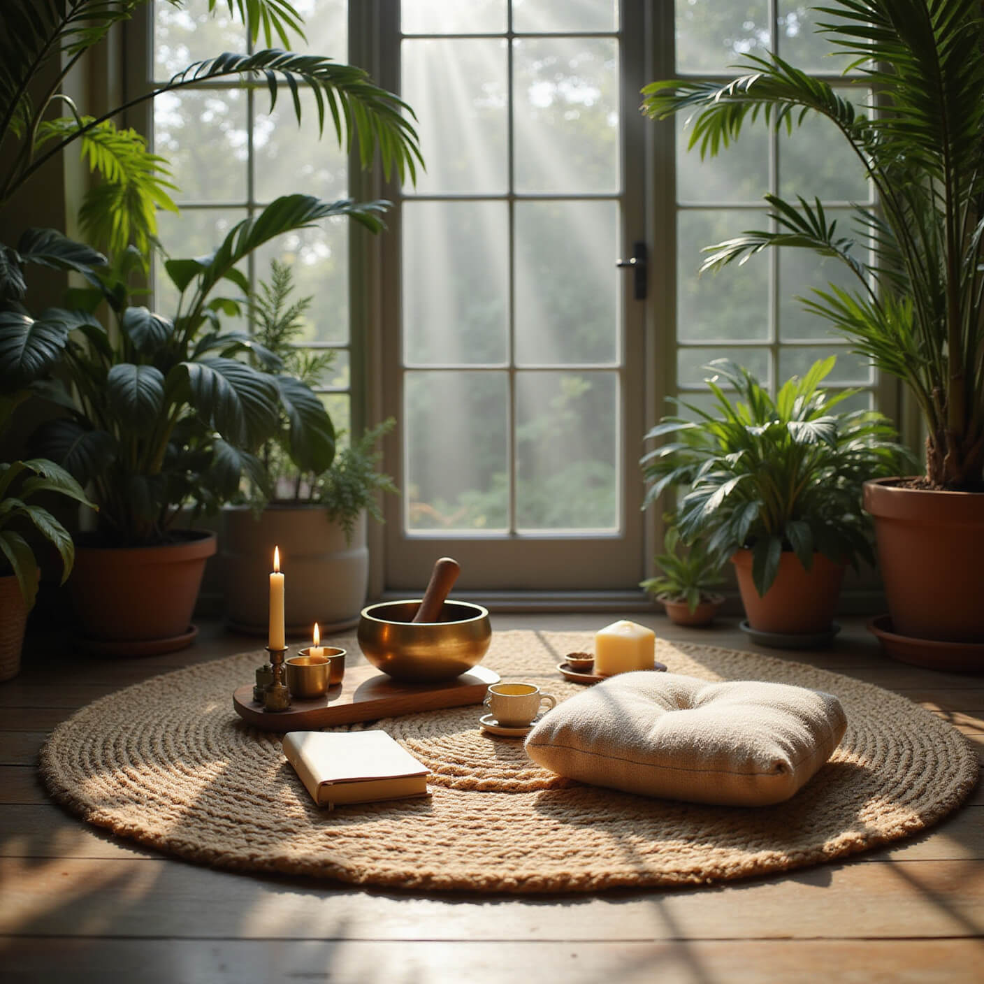 Morning meditation area in a garden solarium with sunlight, tropical plants, a circular jute mat, singing bowls, candles, a wool cushion, tea set, journal, and misty, dreamy atmosphere.