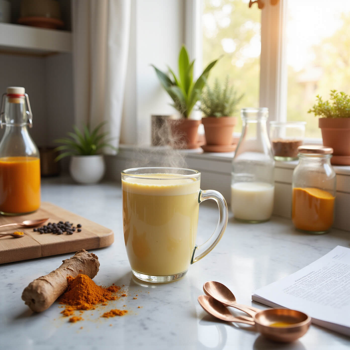 Sunlit modern kitchen with marble counters, steaming golden milk, fresh turmeric, honey, milk alternatives, and wellness items in warm golden hour light.