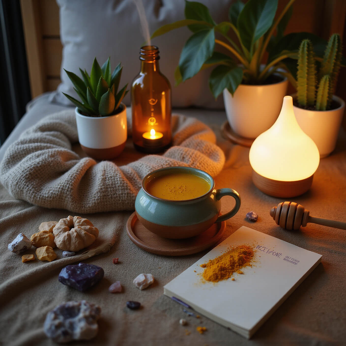 Cozy wellness corner with meditation cushion, golden milk setup, ceramic teapot, wool blanket, aromatherapy diffuser, wellness journal, potted plants, crystals, turmeric powder, and honey dipper.