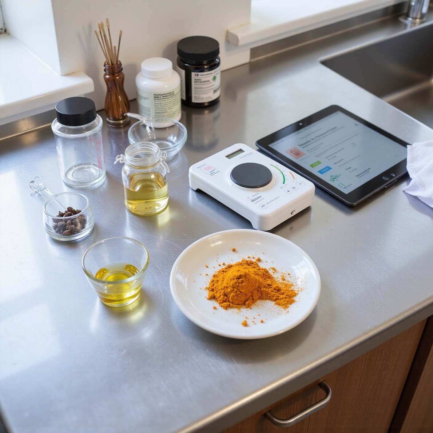 Professional kitchen counter with precise turmeric preparation setup, including digital scale, measuring tools, research papers, stainless steel surfaces, supplement containers, and tablet displaying nutrition app.