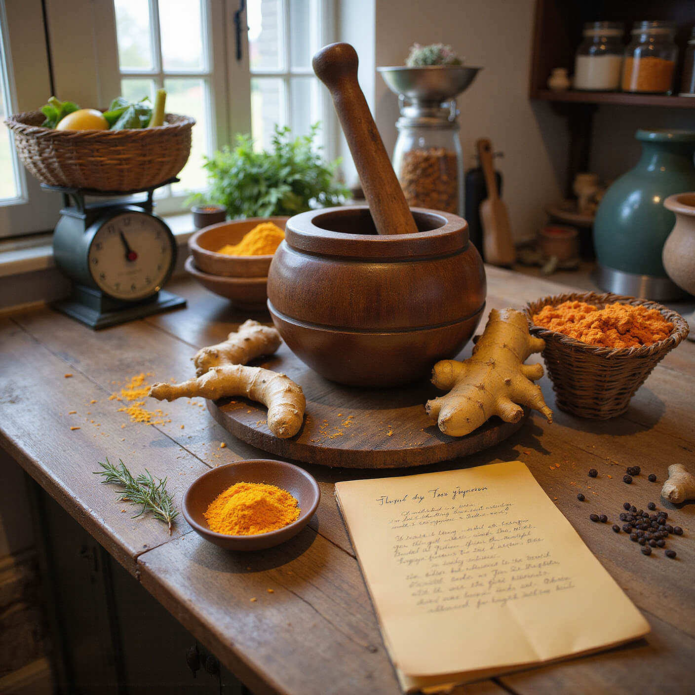 Rustic farmhouse kitchen with wooden mortar and pestle, fresh turmeric roots, ginger, whole peppercorns, vintage scales, ceramic spice jars, and hanging baskets of produce and herbs under soft morning light.