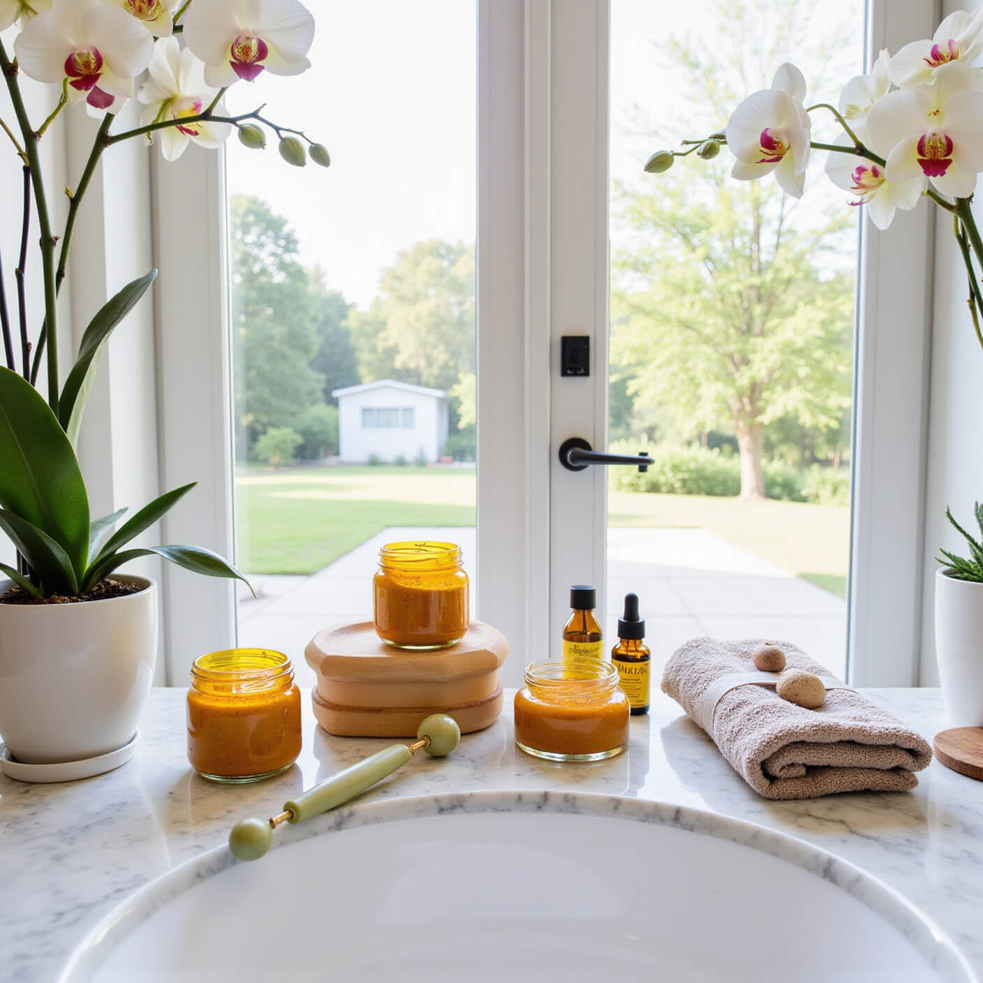 Contemporary spa with turmeric-based skincare on white marble vanity, including golden face masks, oils, scrubs, jade roller, organic towels, orchids, and bamboo accents.