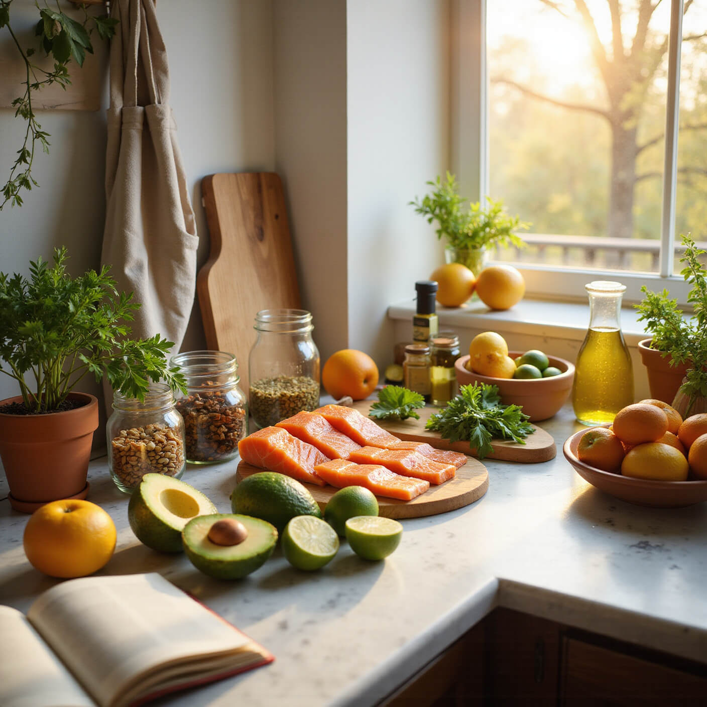 Sunlit kitchen with marble countertop displaying salmon, avocados, nuts, seeds, olive oil, citrus fruits, fresh herbs, and an open healthy cookbook.