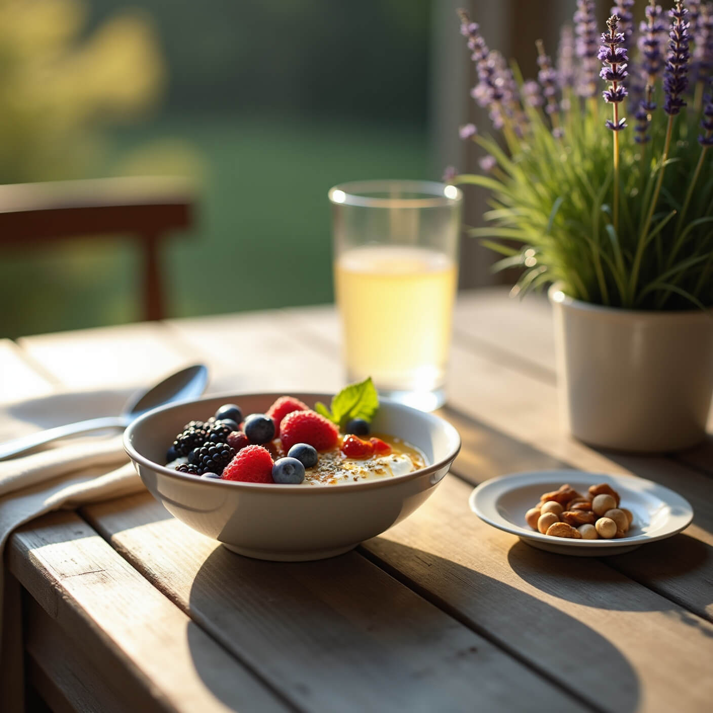 Handcrafted bowl of Greek yogurt with berries, honey, and hemp seeds, beside lemon water, Brazil nuts, and a lavender plant on a rustic table.