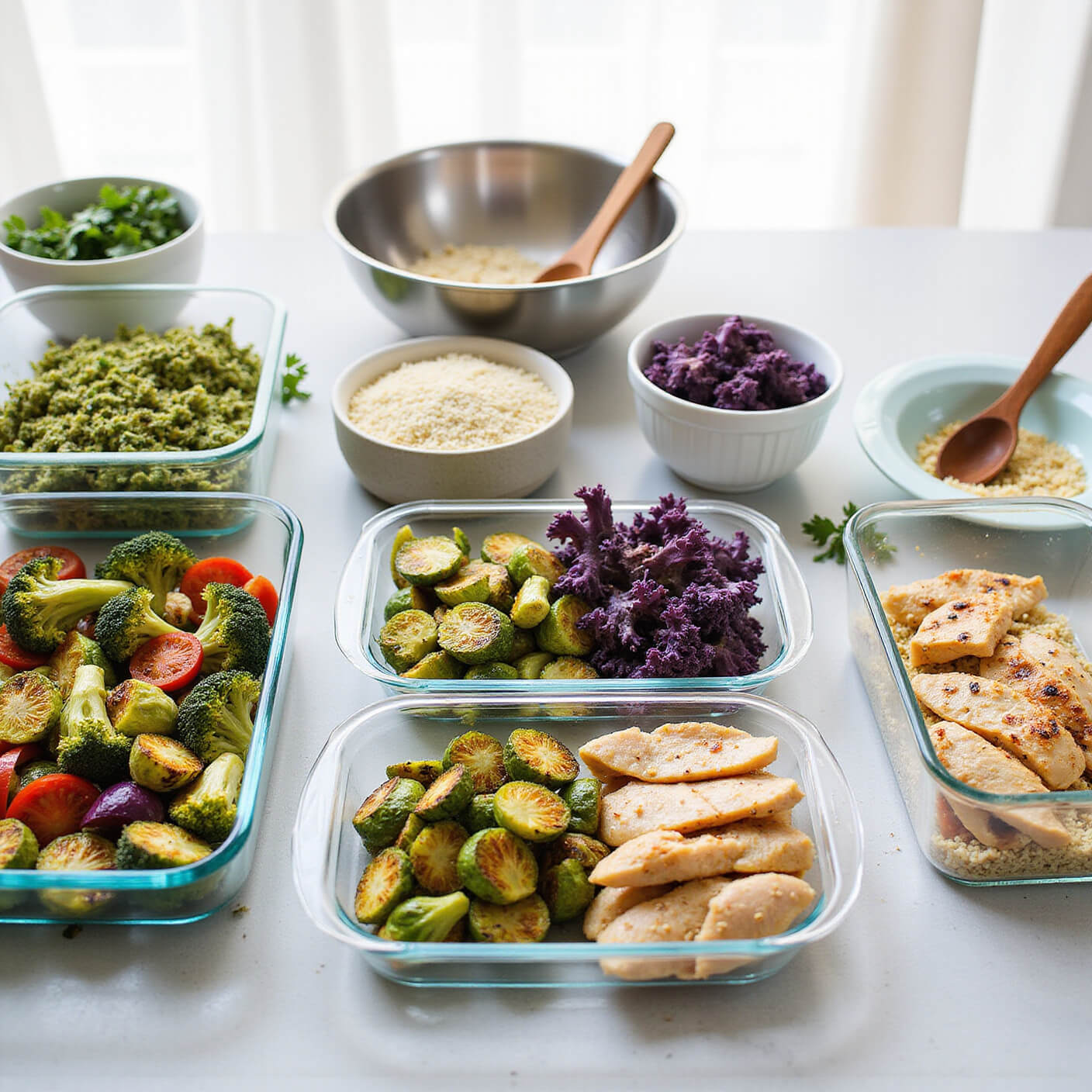 Overhead view of a sunlit kitchen with glass containers of colorful roasted cruciferous vegetables, quinoa, grilled chicken strips, stainless steel bowls, wooden utensils, and fresh herbs on a countertop.