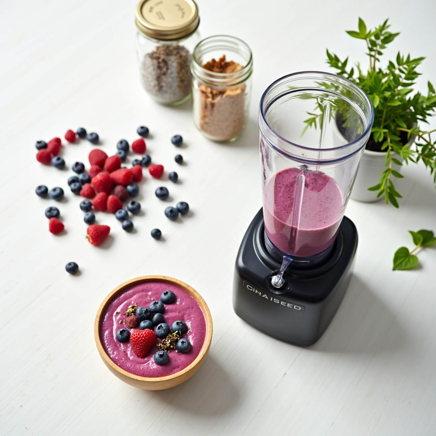 Minimalist white kitchen counter with a vibrant smoothie setup, including fresh berries, a high-speed blender with purple smoothie, mason jars of chia seeds and nuts, a pot of mint, and a wooden smoothie bowl topped with neatly arranged fruit.