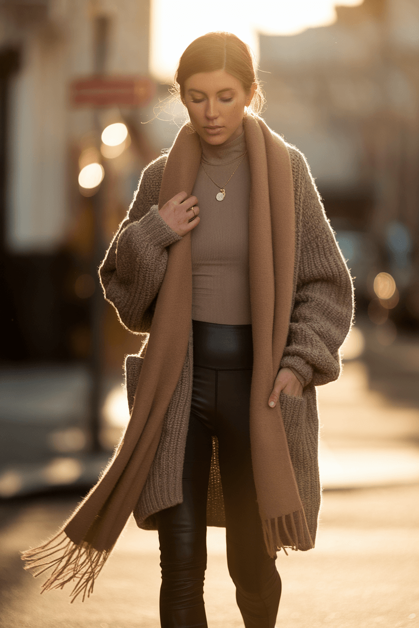 Model in cozy neutral layers walking through sunlit urban street at golden hour, with blurred architecture in background and soft backlighting creating a warm halo effect.