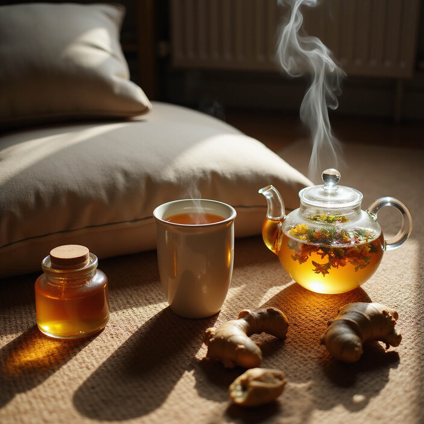 Low-angle view of a cozy wellness corner with a meditation cushion on a jute rug, steaming ceramic mug, glass teapot with flowering tea, raw honey jar, and fresh ginger root, bathed in warm lamplight with soft steam wisps.