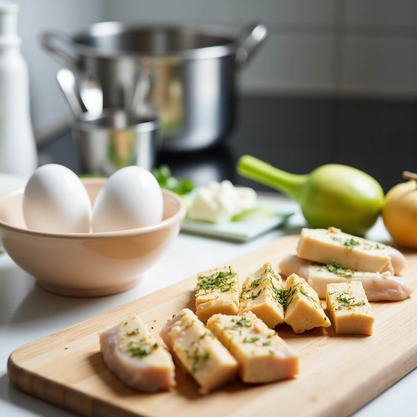 Professional kitchen with eggs in a ceramic bowl, marinated tofu on a wooden board, and herb-seasoned chicken breasts, surrounded by fresh vegetables and stainless steel appliances in bright lighting.
