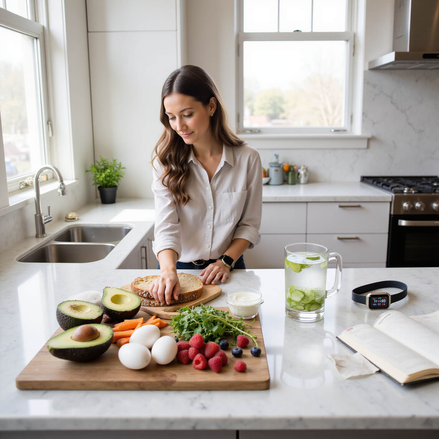 Modern kitchen bathed in morning sunlight with a person preparing a colorful healthy meal after fasting; marble countertops display avocados, eggs, sprouted bread, berries, a smartwatch with fasting stats, cucumber-infused water, and a windowsill herb garden.