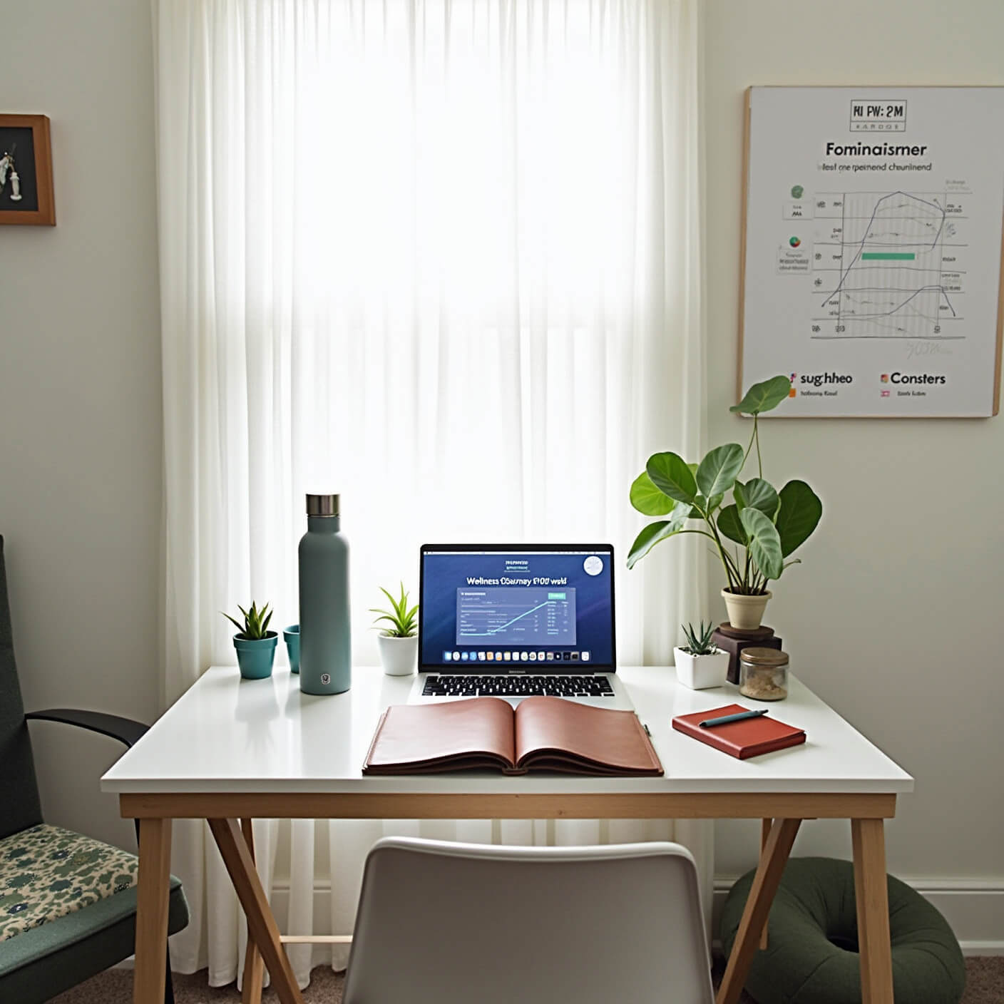 Serene home office with natural light, featuring a desk with a wellness journal, MacBook showing a fasting app, infused water bottle, potted plants, wall-mounted progress whiteboard, and a sage green meditation cushion.