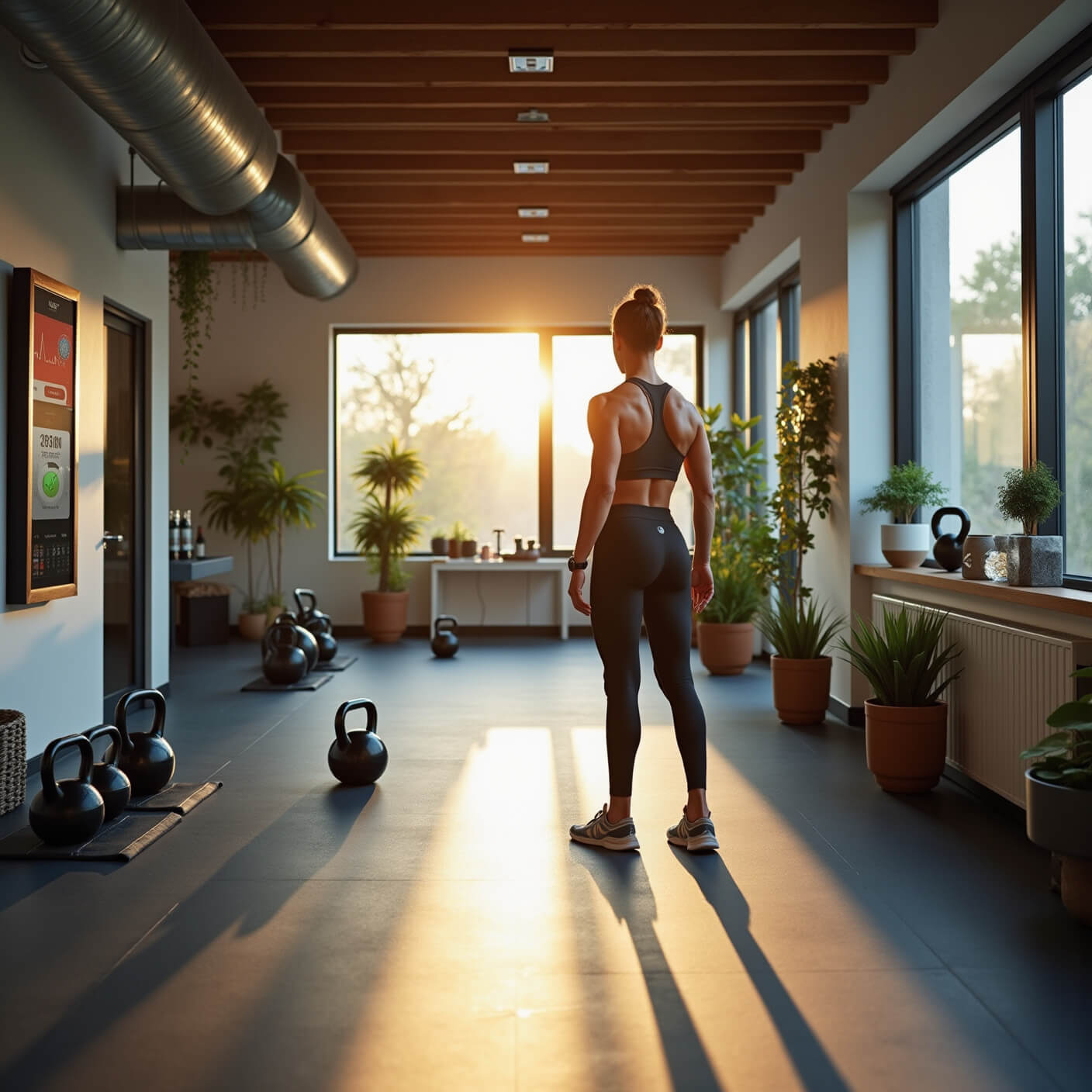 Modern home gym at dawn with person in athletic wear doing bodyweight exercises on light grey flooring, surrounded by kettlebells, resistance bands, smart mirror, water station with supplements, and plants; morning light casting dramatic shadows.