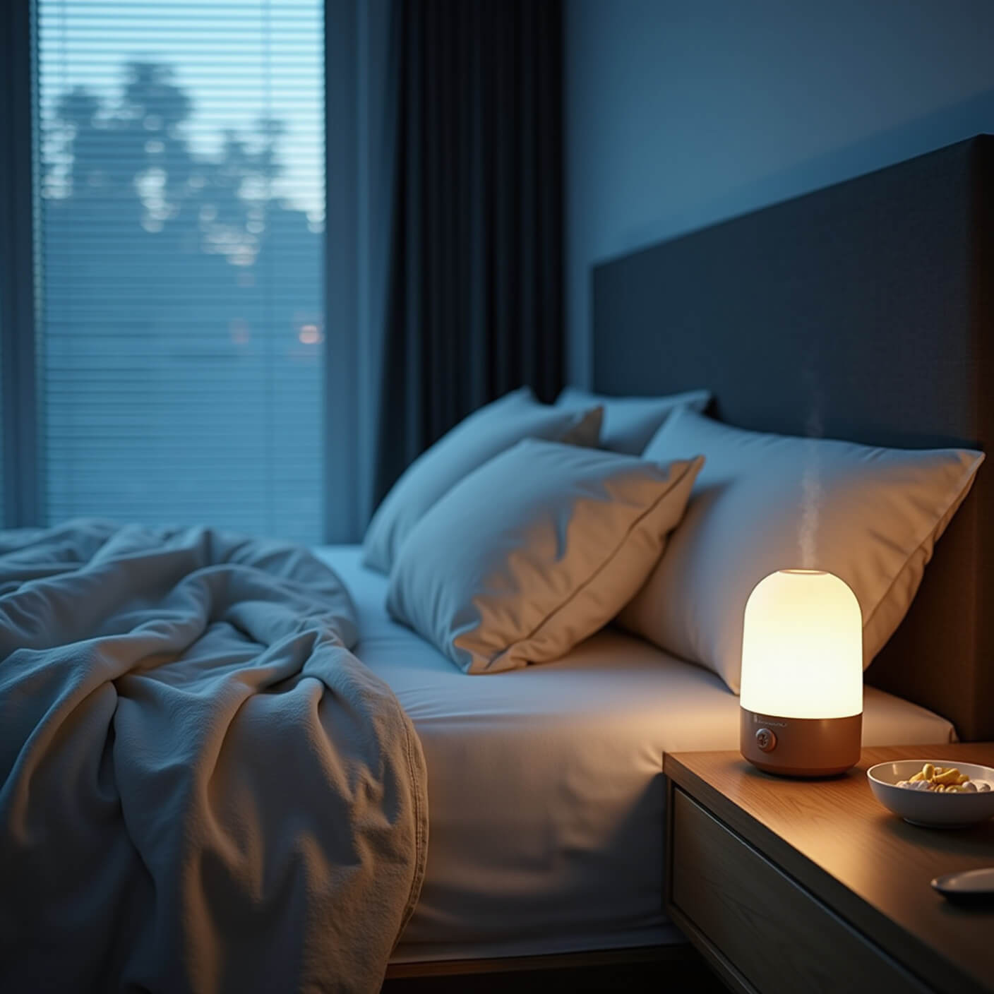 Minimalist bedroom at night with bedside table holding sleep tracker, journal, herbal tea, supplements, and diffuser misting near linen bedding and partially drawn blackout curtains.