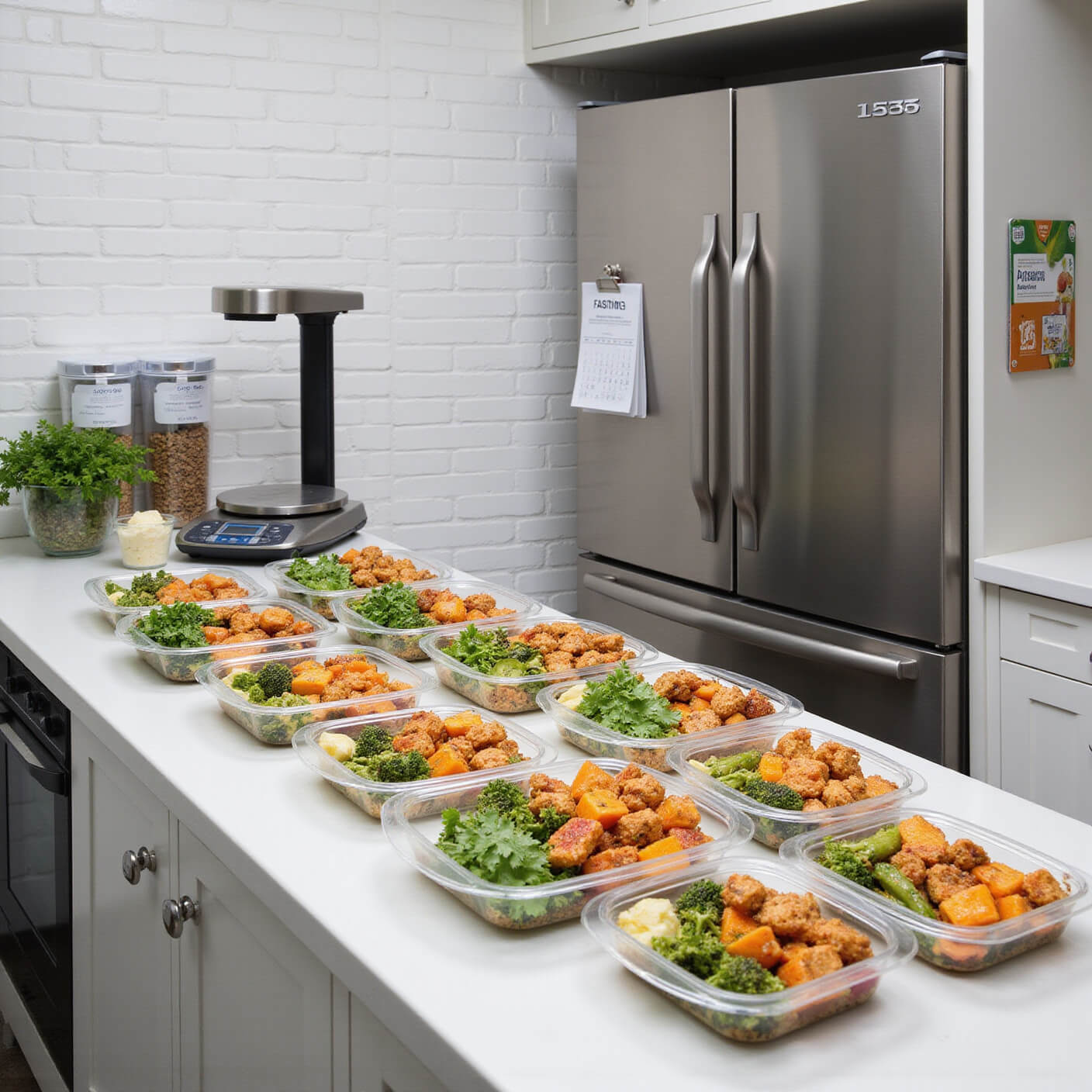 Overhead view of a bright professional kitchen with stainless steel and white tiles, showcasing meal prep containers filled with lean proteins, roasted vegetables, and whole grains; digital scale, meal planning app, fresh herbs, and a refrigerator calendar displaying a fasting schedule are visible.