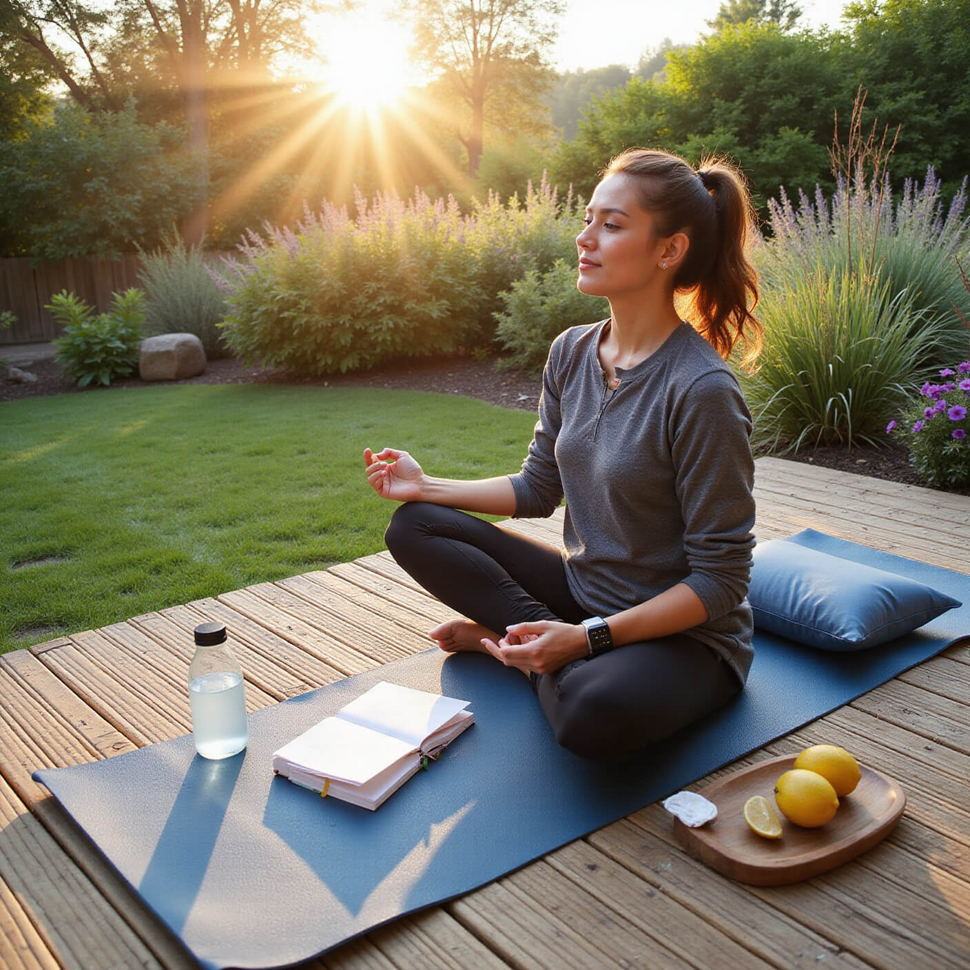 Person meditating on a bamboo patio at sunrise with yoga mat, cushion, journal, mineral water, blooming garden, and smartwatch showing fasting tracker; golden light and sun flares.