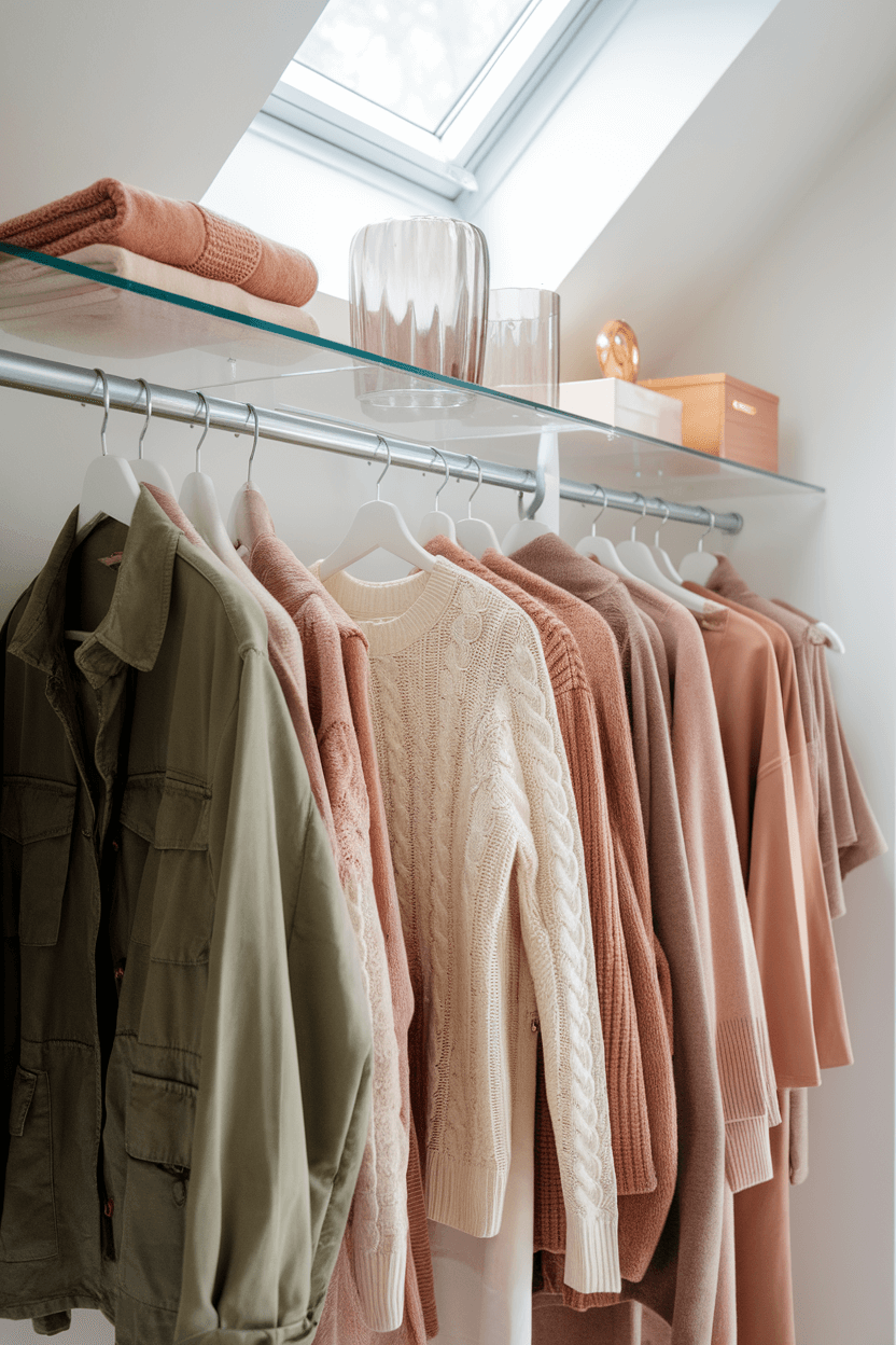 Bright, organized walk-in closet with cozy earth-toned essentials including an olive jacket, cream sweater, tan loungewear, and accessories, softly lit by a skylight.