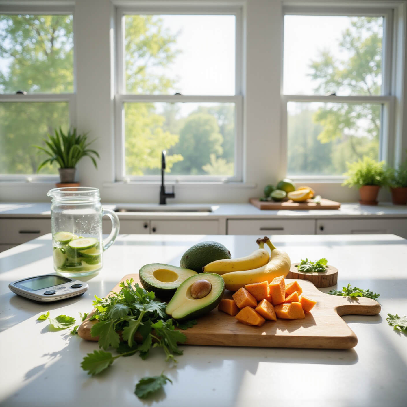 Bright modern kitchen with sunlight, featuring avocado, bananas, sweet potatoes, leafy greens, cucumber water pitcher, cutting board, herbs, and digital food scale on marble countertop.