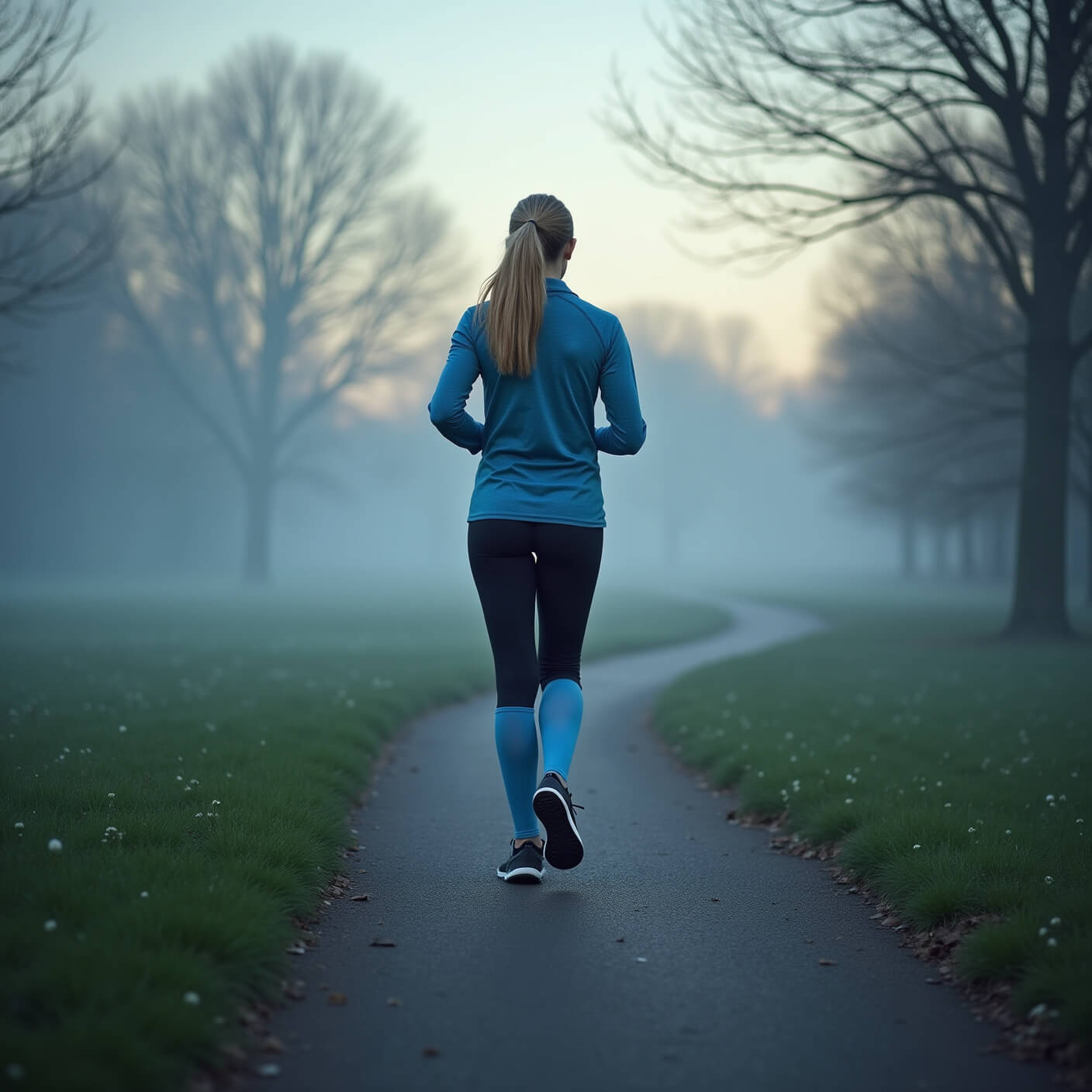 Person in activewear walking along a dewy park trail at dawn, mist rising in the background, with a smartwatch tracking activity.