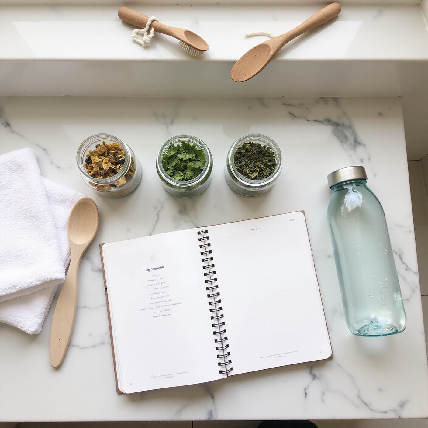 Flat lay of a marble vanity with glass jars of dried herbs, an open water intake journal, a glass water bottle, fluffy white towels, and natural beauty tools in soft afternoon light.