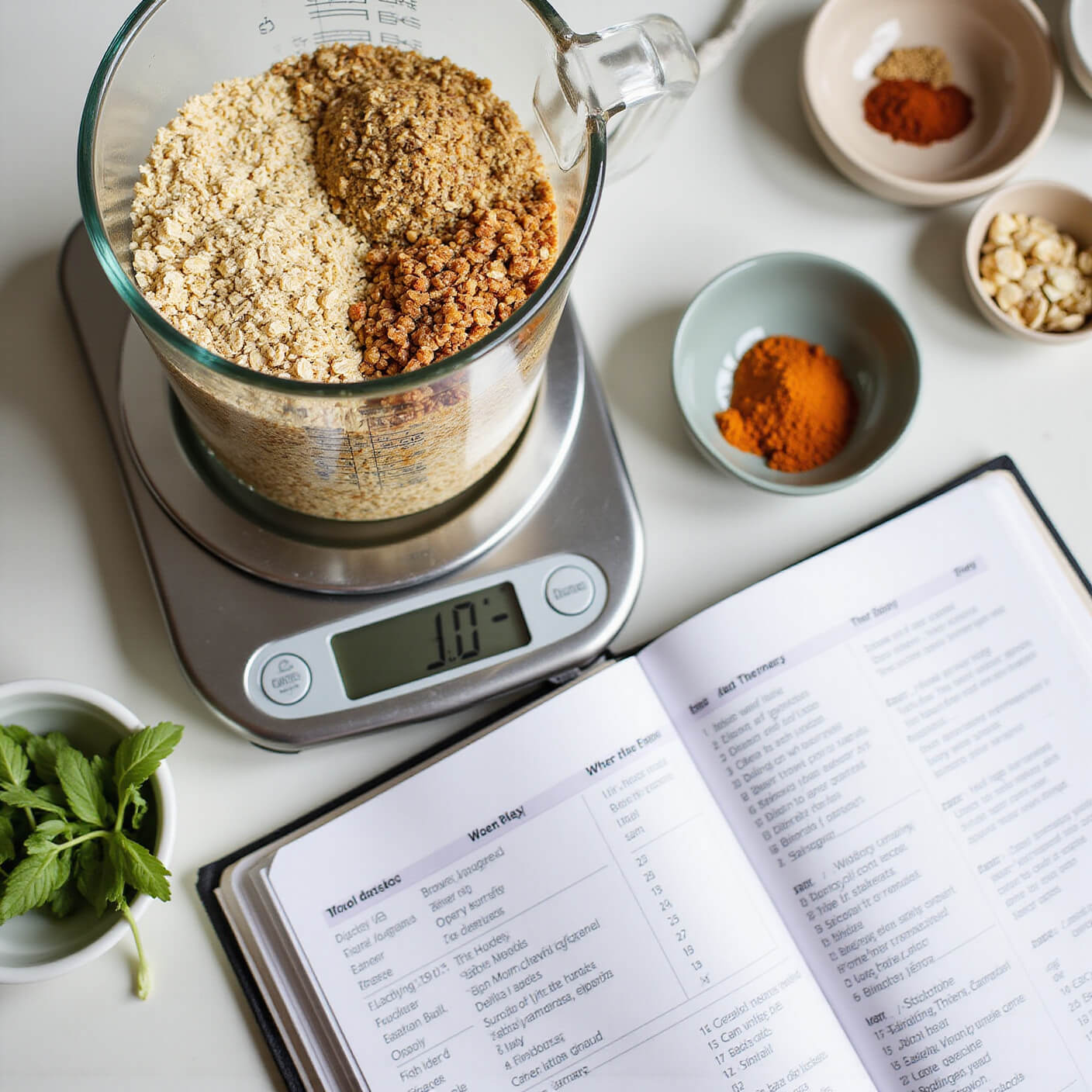 Overhead view of a kitchen scale measuring whole grains into glass containers, surrounded by a meal planning journal, fresh herbs, and spices, all brightly lit with detailed textures.
