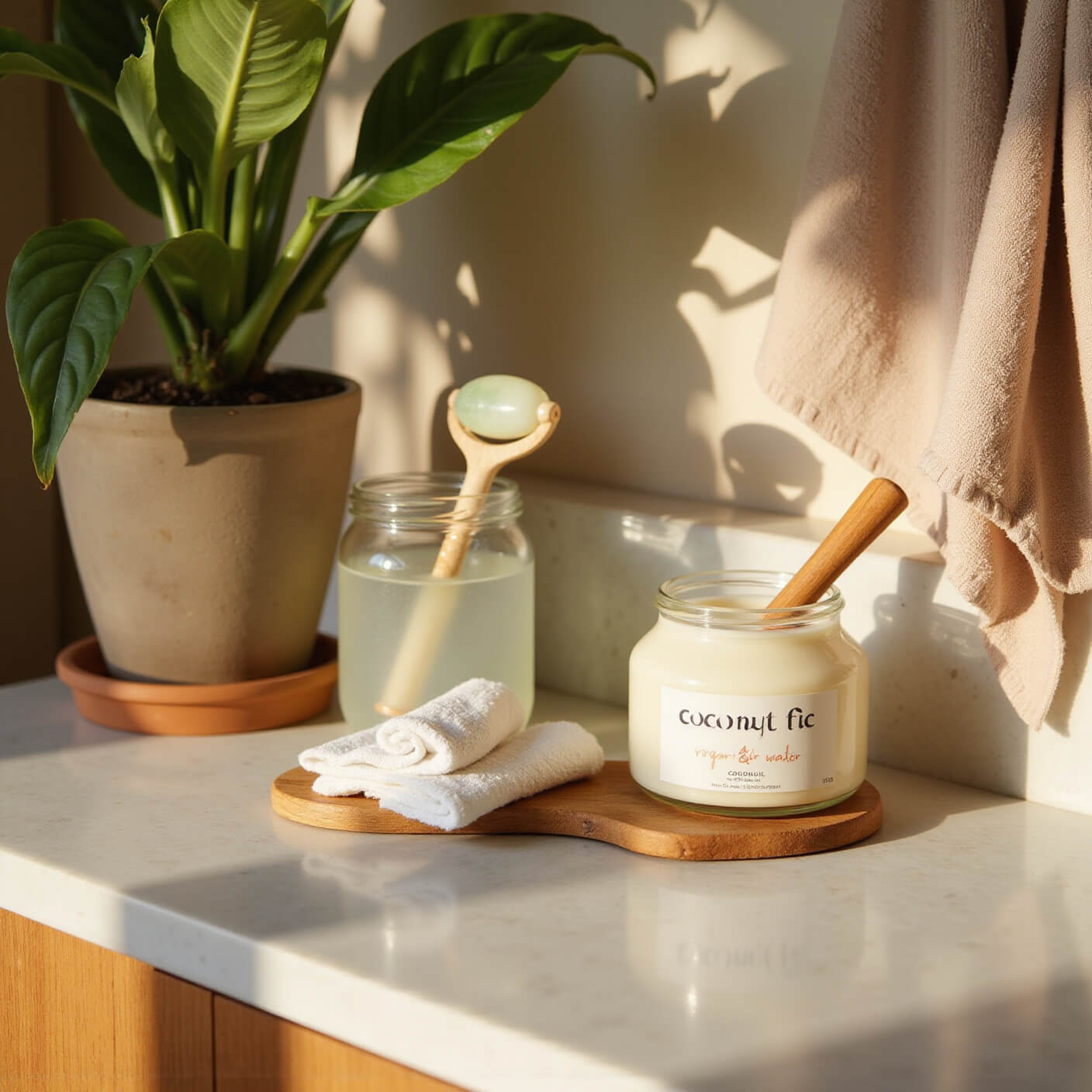 Sunlit bathroom vanity with marble countertop adorned with coconut oil jar, skincare tools, fresh coconut water, jade roller, organic cloths, and a potted monstera, captured in warm golden hour light with soft focus.