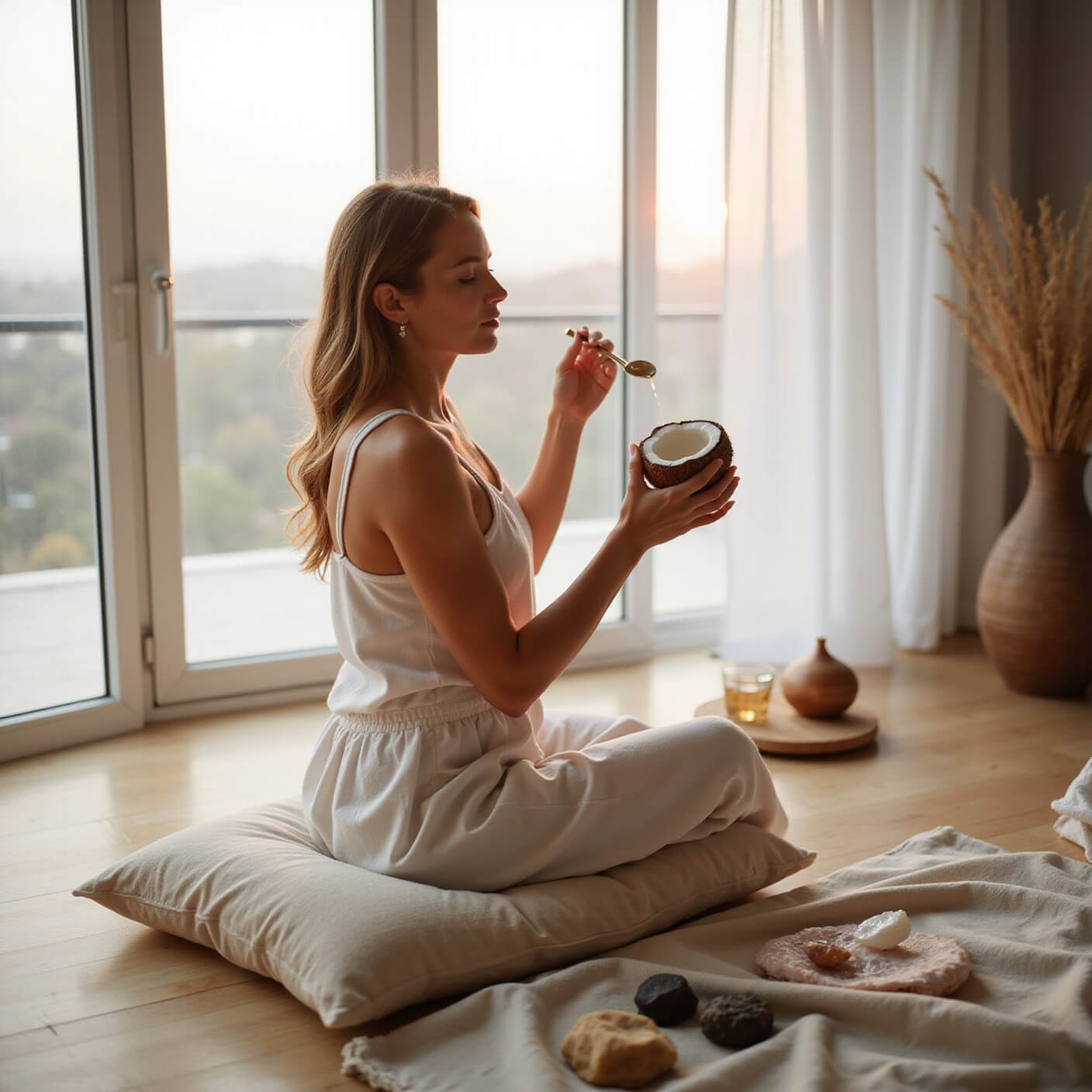 Woman applying coconut oil in a minimalist bedroom with soft dawn light, seated on a cream cushion near floor-to-ceiling windows, surrounded by crystal containers, meditation stones, and a copper diffuser.