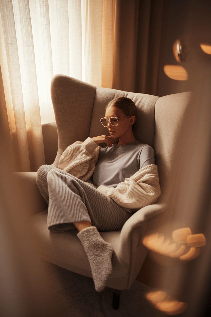 Woman lounging in a cozy Scandinavian-style living room, wearing layered loungewear with gold jewelry and glasses, bathed in warm afternoon light through sheer curtains.