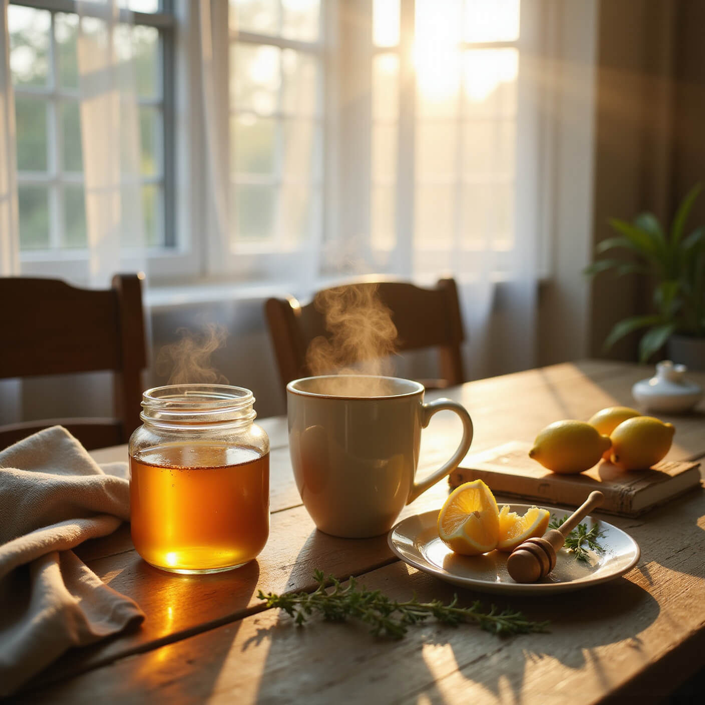 Steaming chamomile tea with honey, lemon slices, and fresh herbs on a rustic kitchen table, bathed in soft morning light.