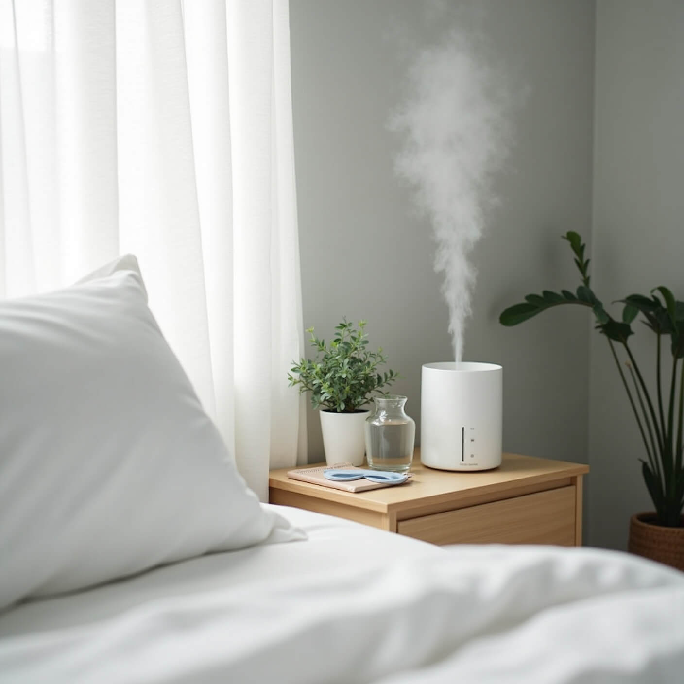 Minimalist bedroom with white humidifier emitting mist, crisp white bedding, pale gray walls, eucalyptus plant, and wellness items on a blonde wood nightstand.