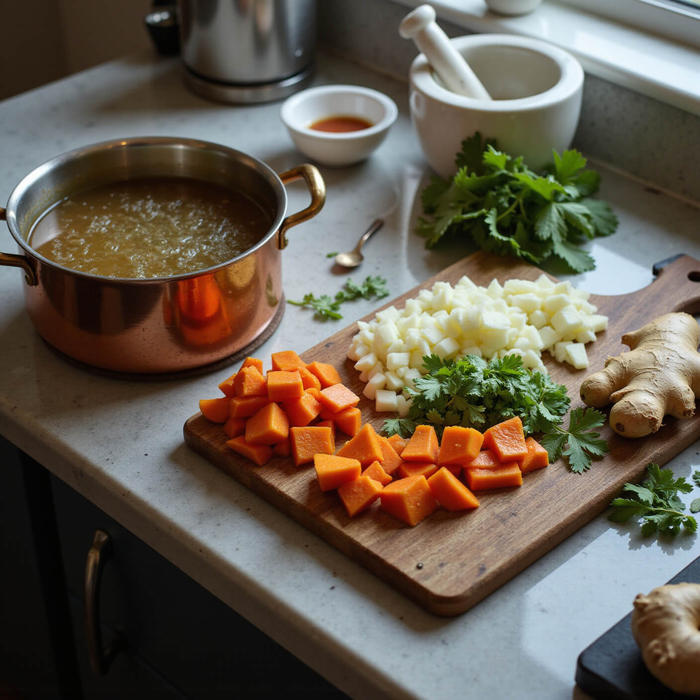 Overhead view of a kitchen counter with a copper pot of steaming bone broth, chopped vegetables, fresh herbs, ginger root, stainless steel tools, white bowls, and a marble mortar and pestle in warm earth tones.