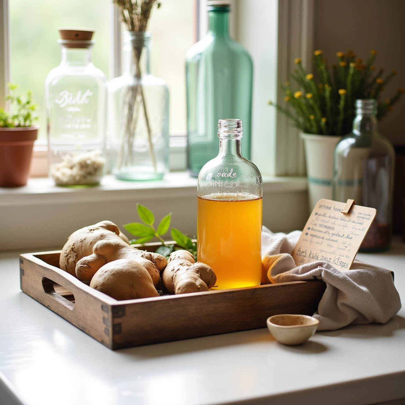 Natural remedy station in a sunlit kitchen with apple cider vinegar, honey, ginger root on a wooden tray, surrounded by a ceramic spoon, linen towel, handwritten recipe, vintage bottles, and dried herbs.