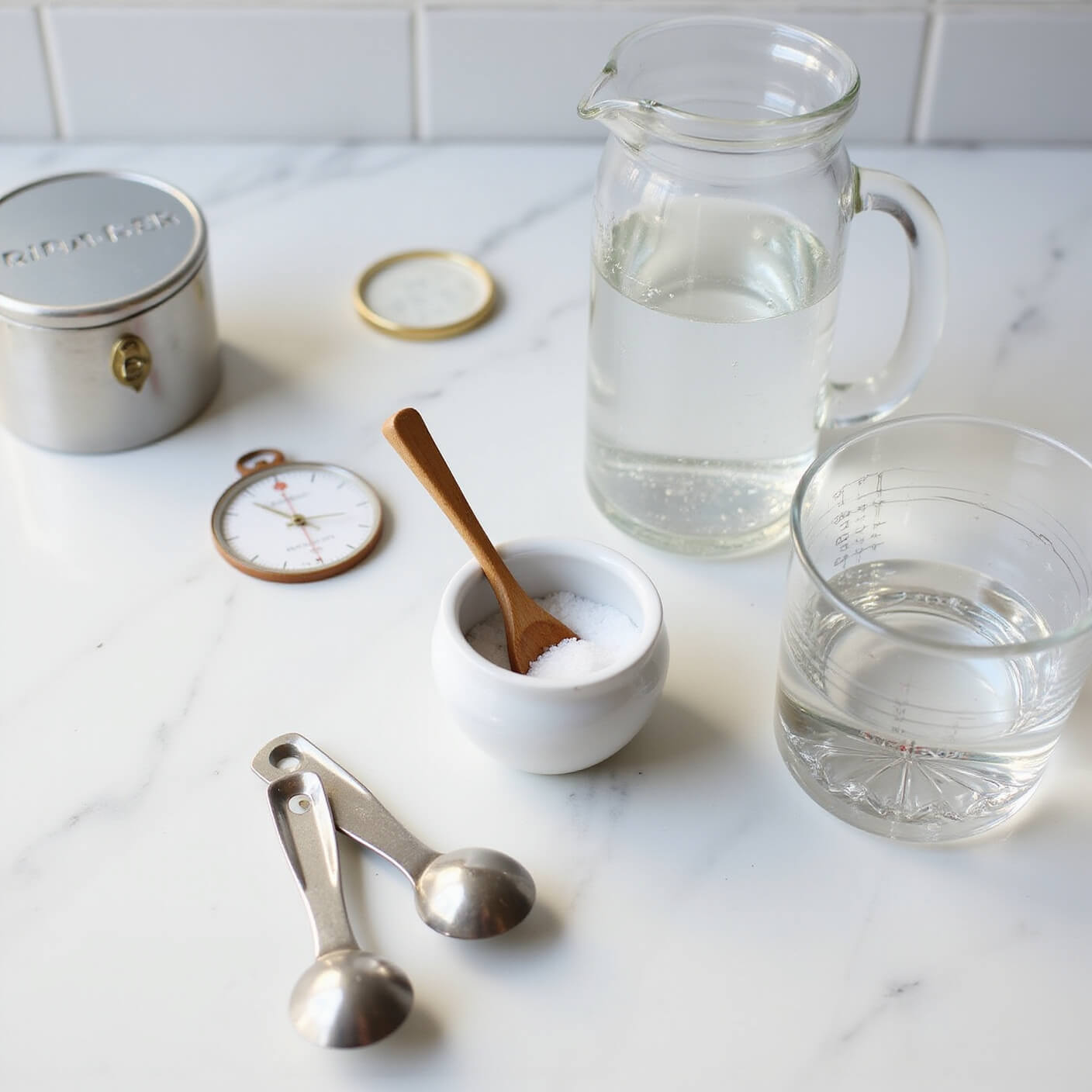 Salt water gargle station on white marble with crystal pitcher, ceramic salt cellar, measuring spoons, glass, timer, and written instructions in soft afternoon light.